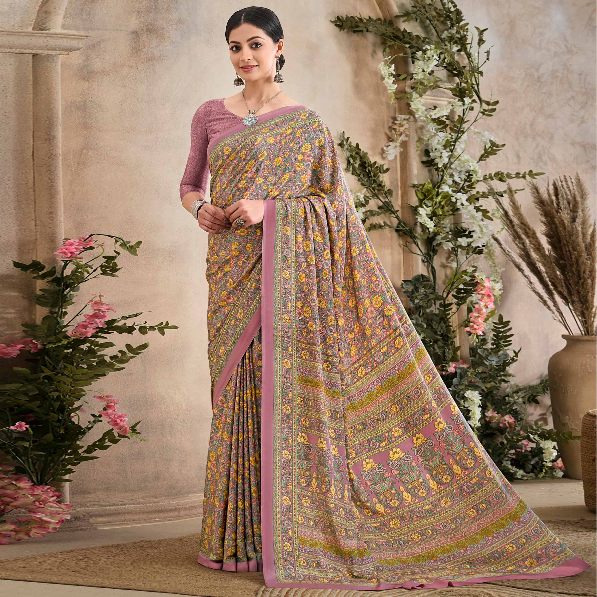 Mauve Crepe Silk Floral Printed  Saree