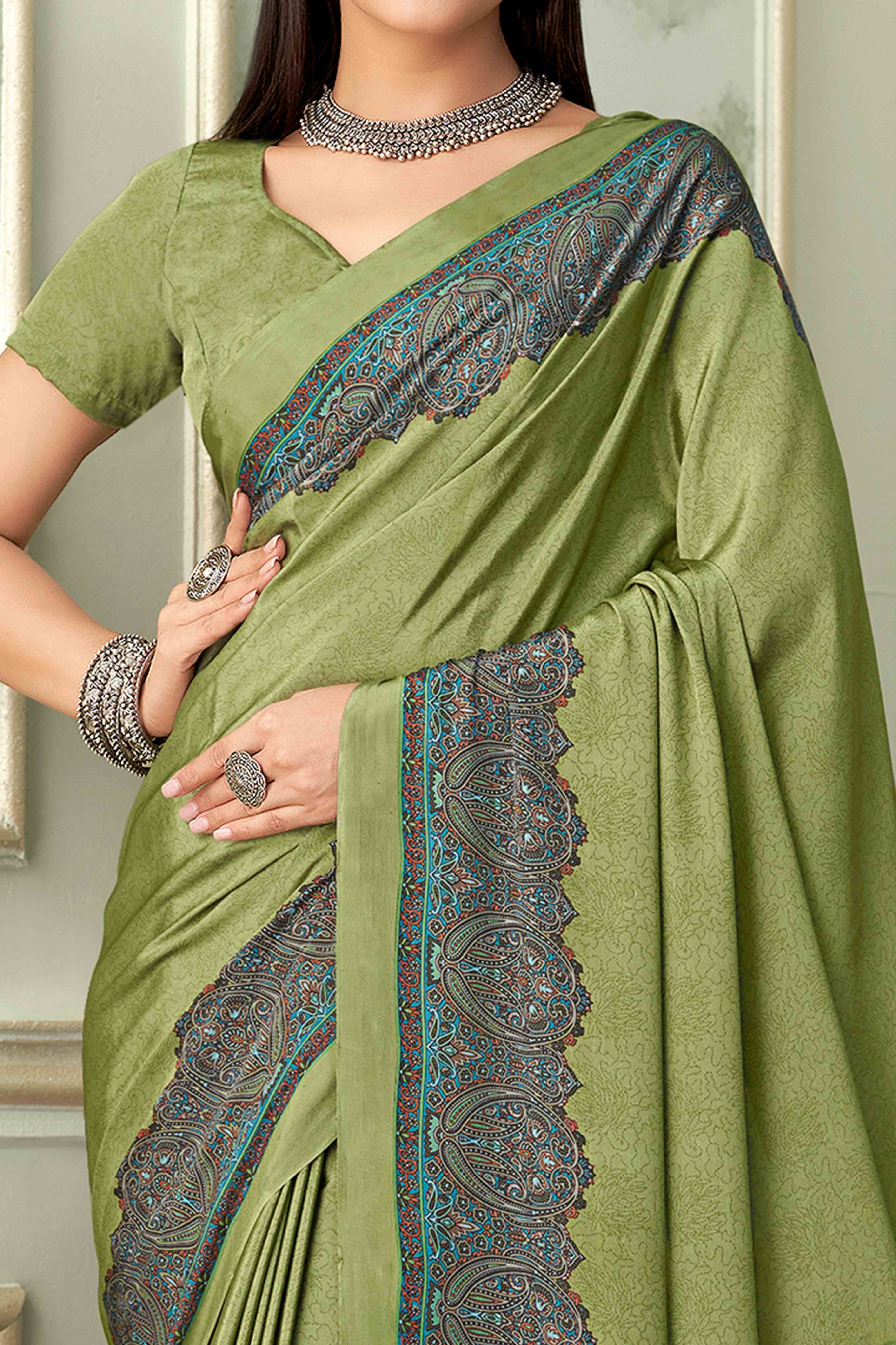 Olive Green Floral Printed Crepe Silk Saree