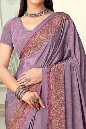 Mauve Floral Printed Crepe Silk Saree