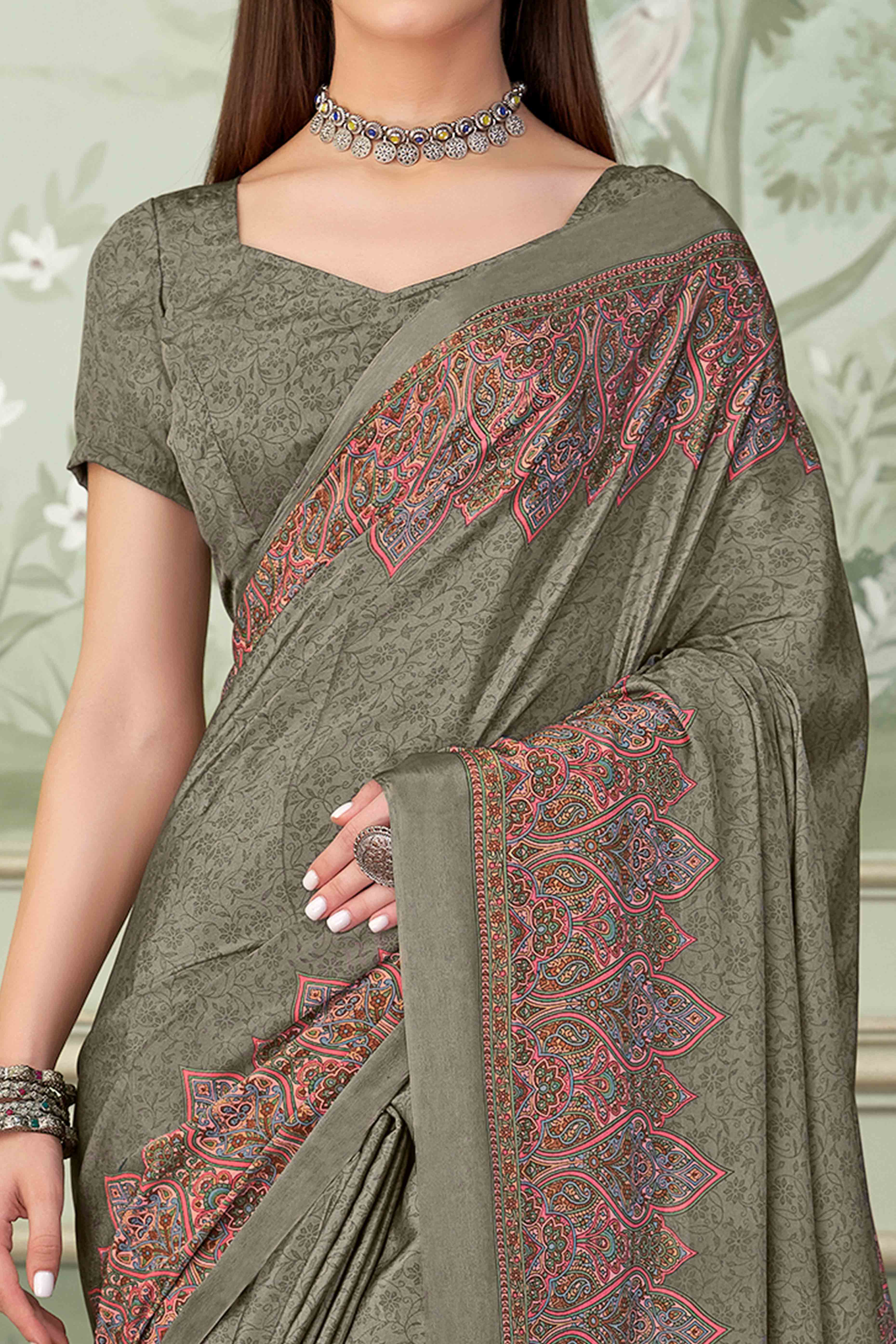 Grey Floral Printed Crepe Silk Saree