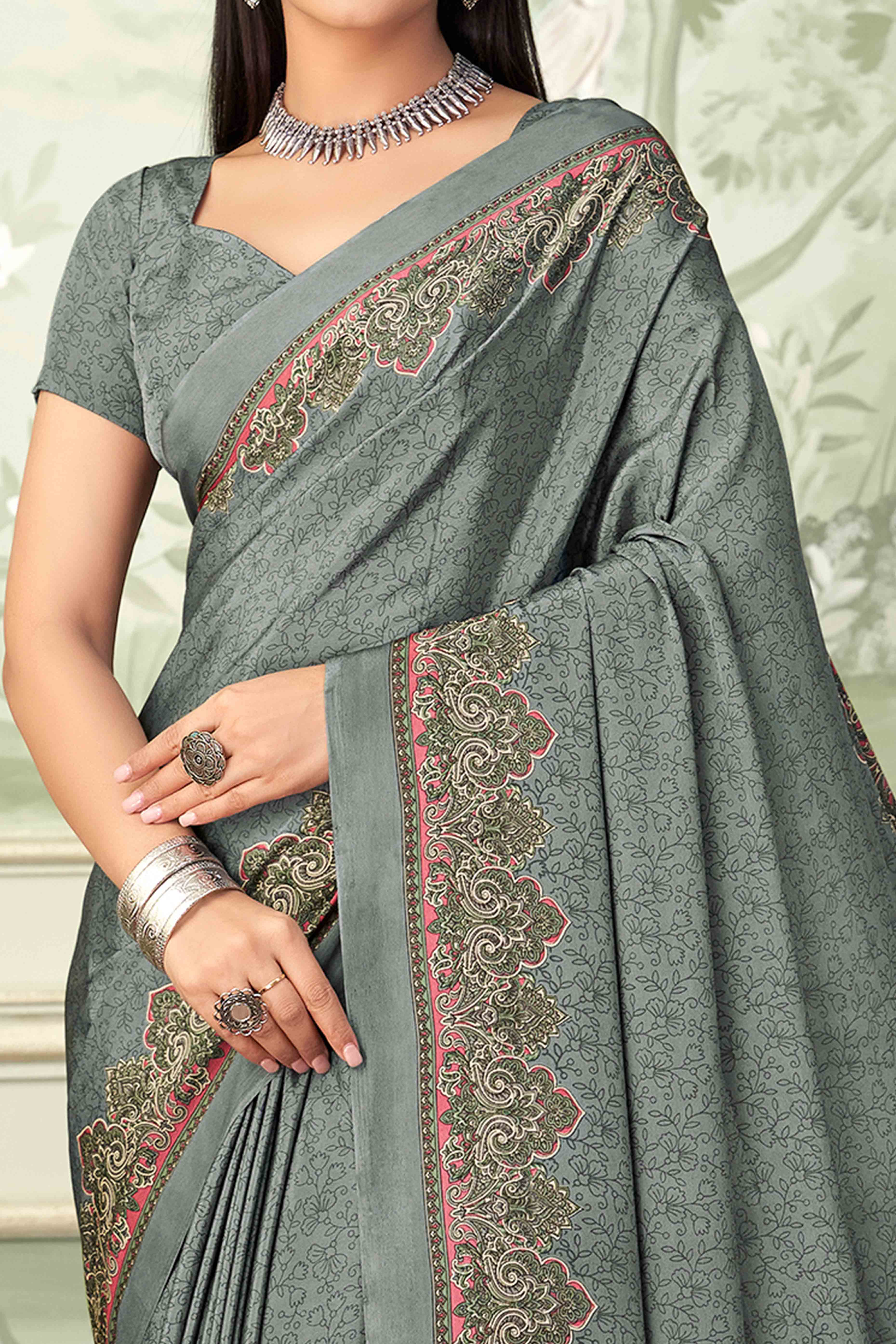 Grey Floral Printed Crepe Silk Saree