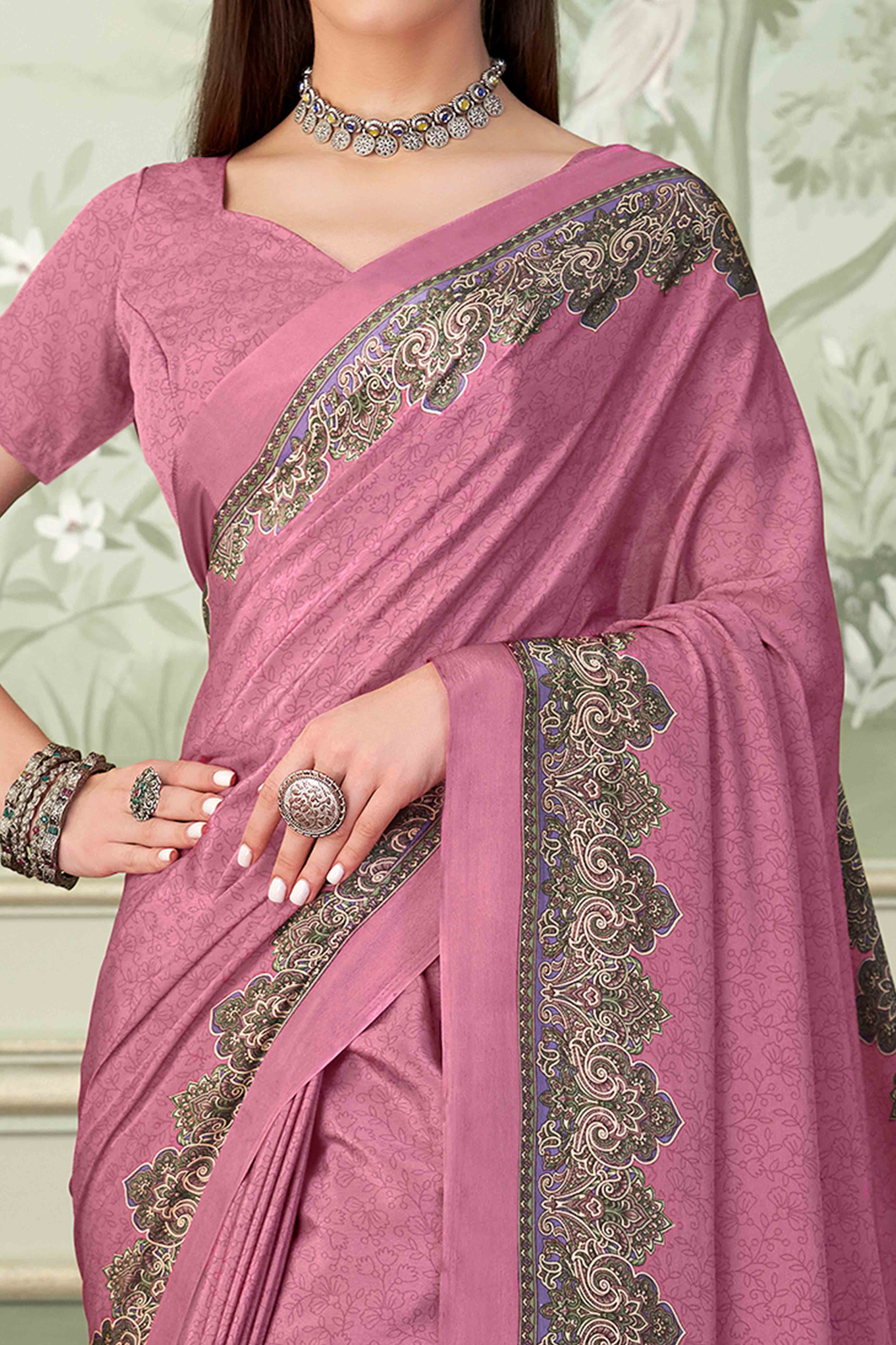 Pink Floral Printed Crepe Silk Saree