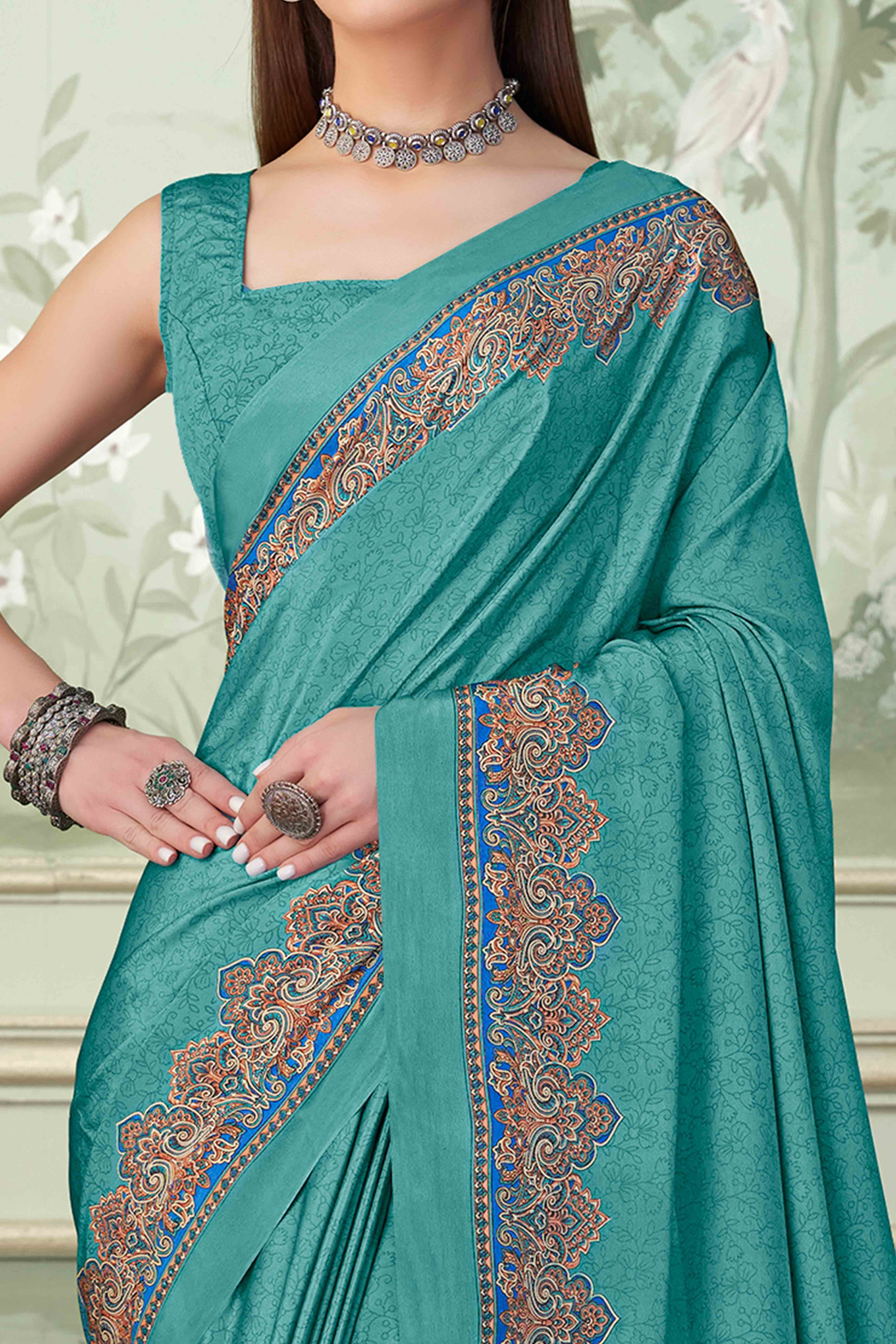 Turquoise Floral Printed Crepe Silk Saree