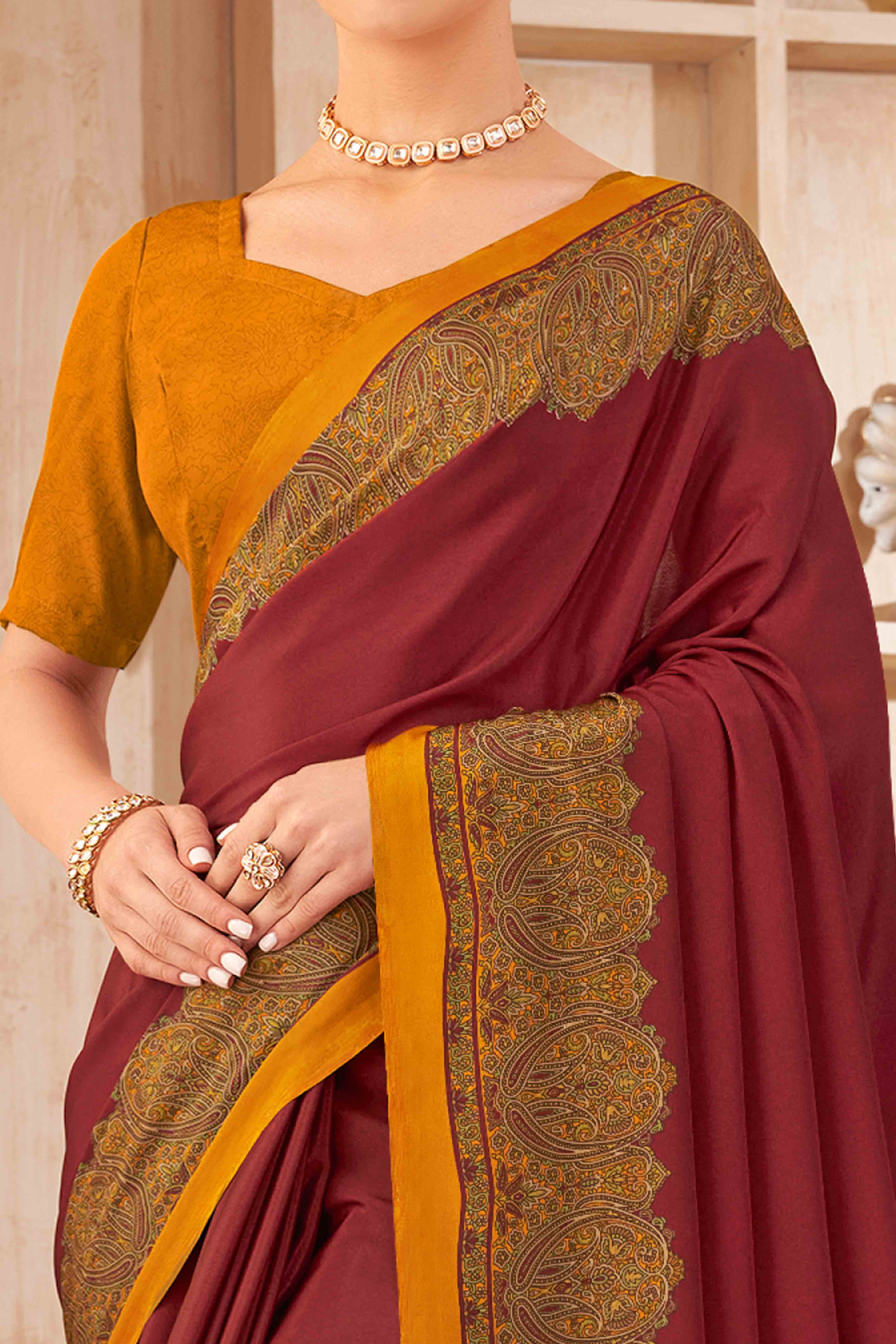 Maroon Floral Printed Crepe Silk Saree