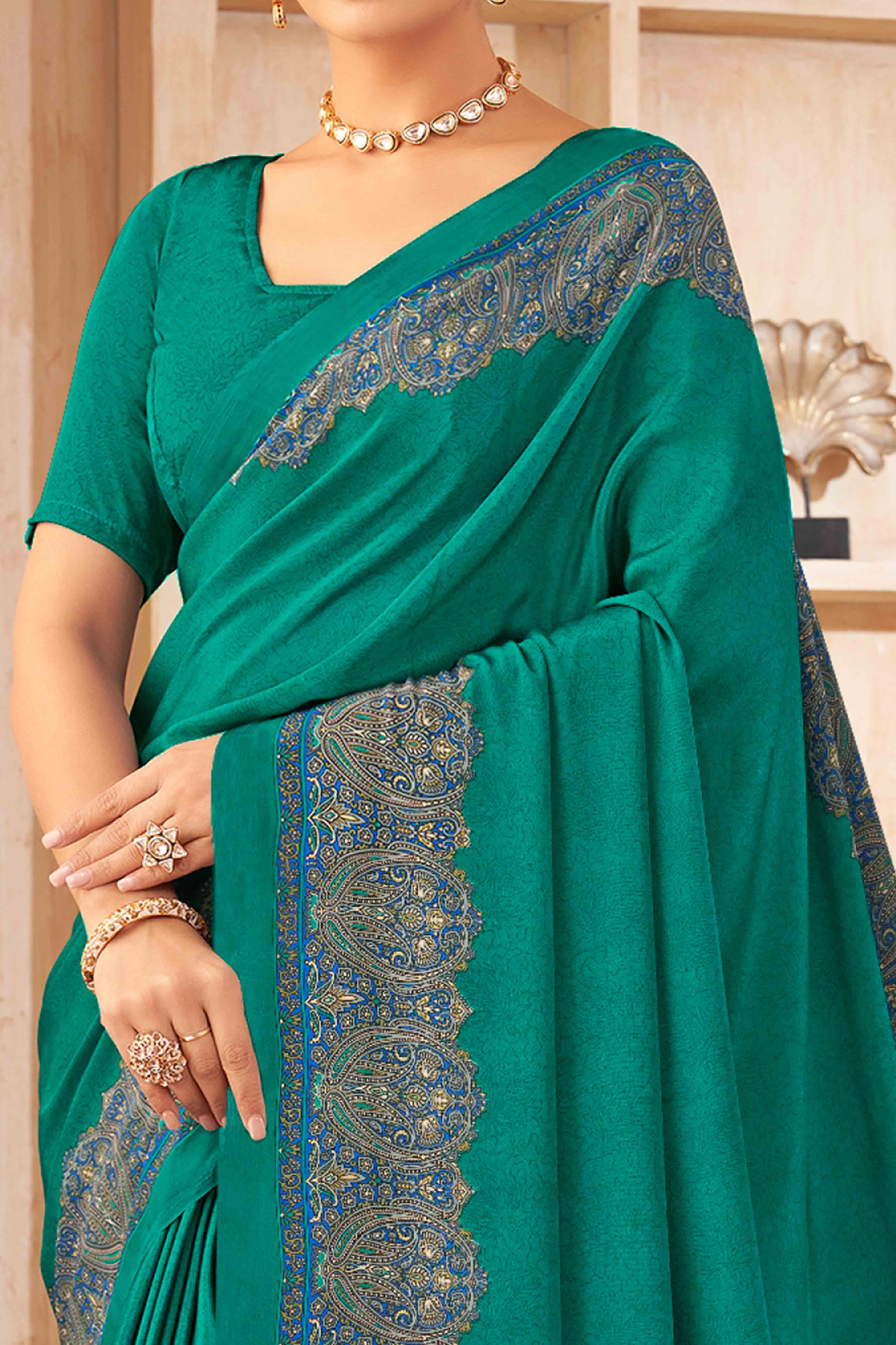 Rama Green Floral Printed Crepe Silk Saree