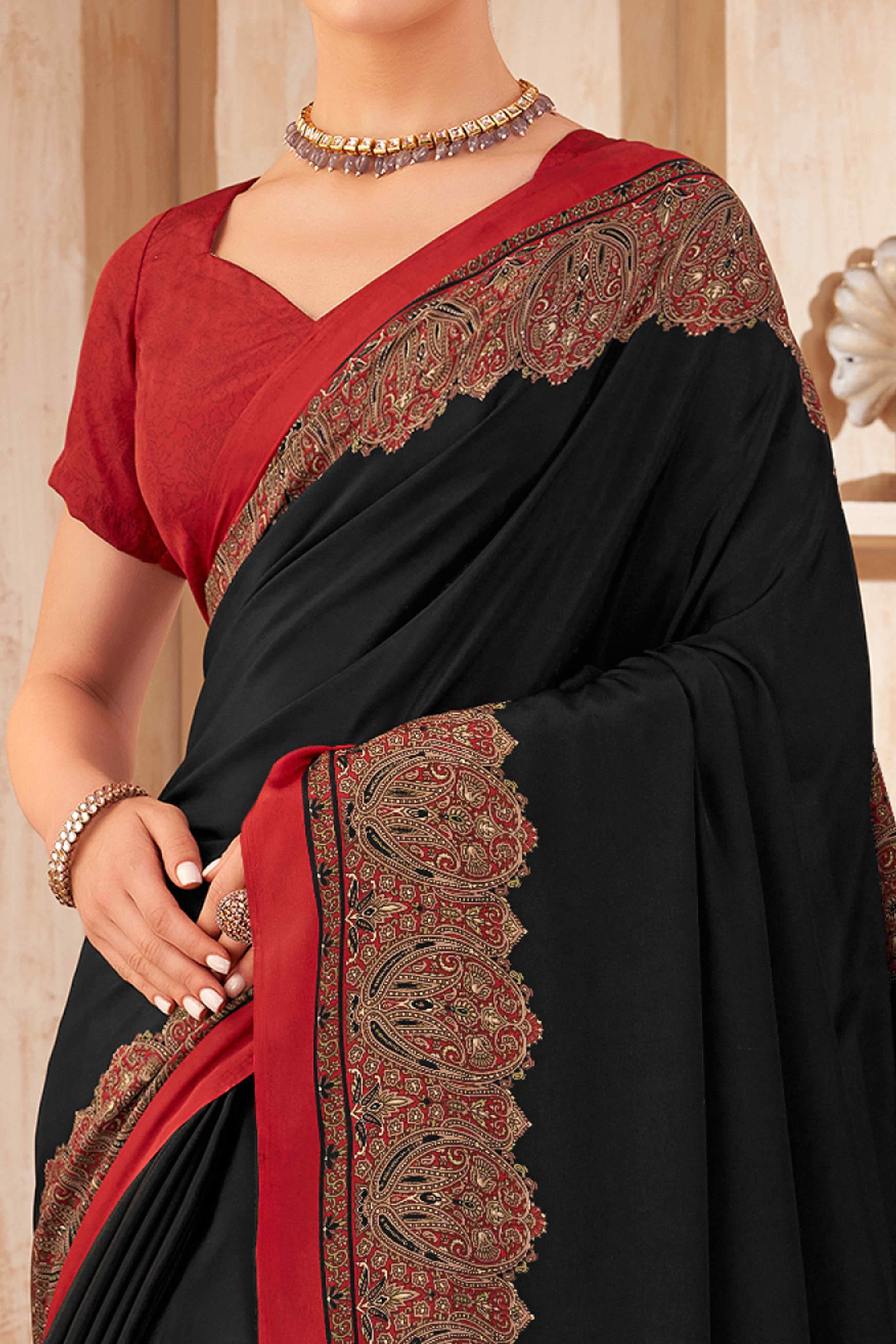 Black Floral Printed Crepe Silk Saree