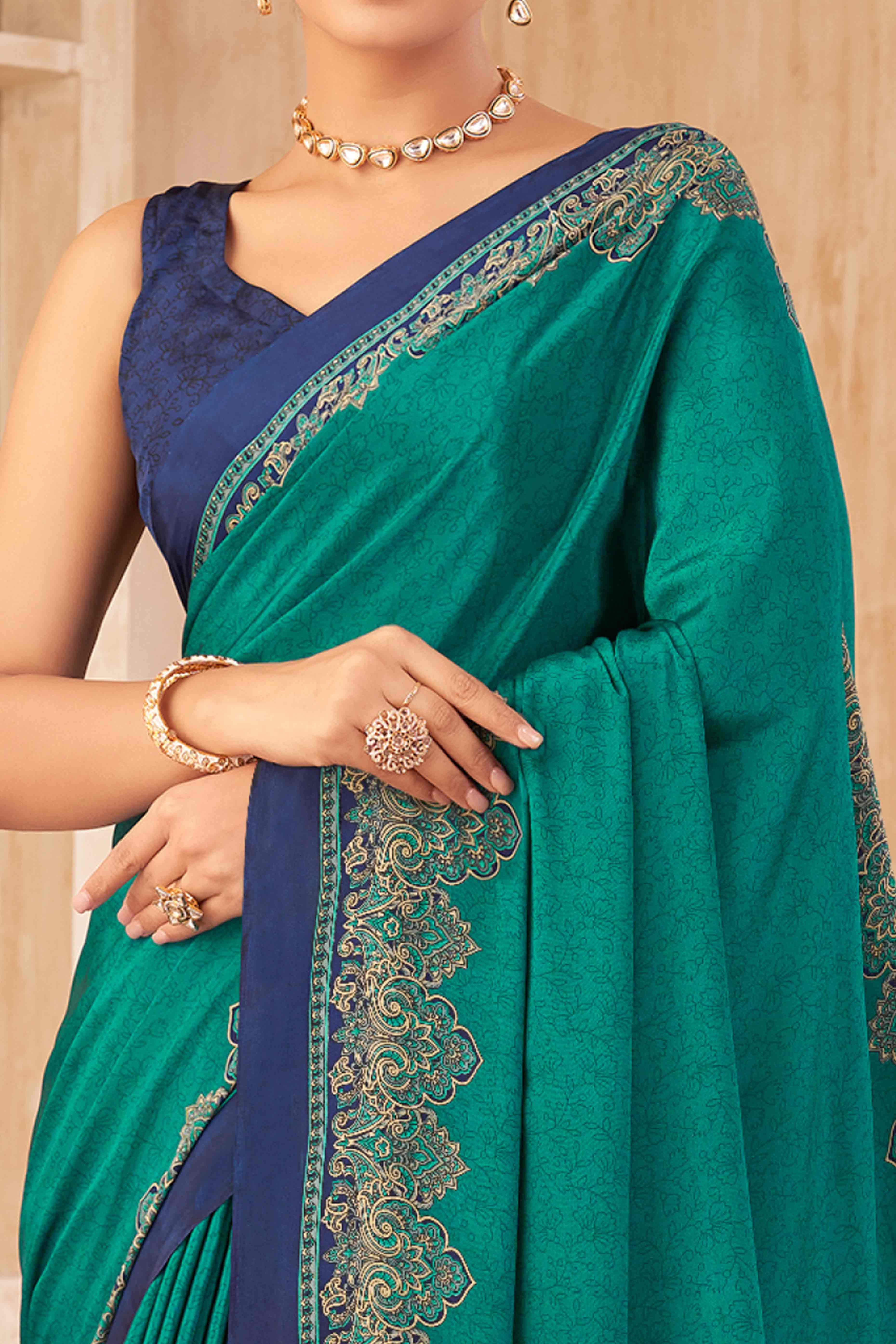 Rama Green Floral Printed Crepe Silk Saree
