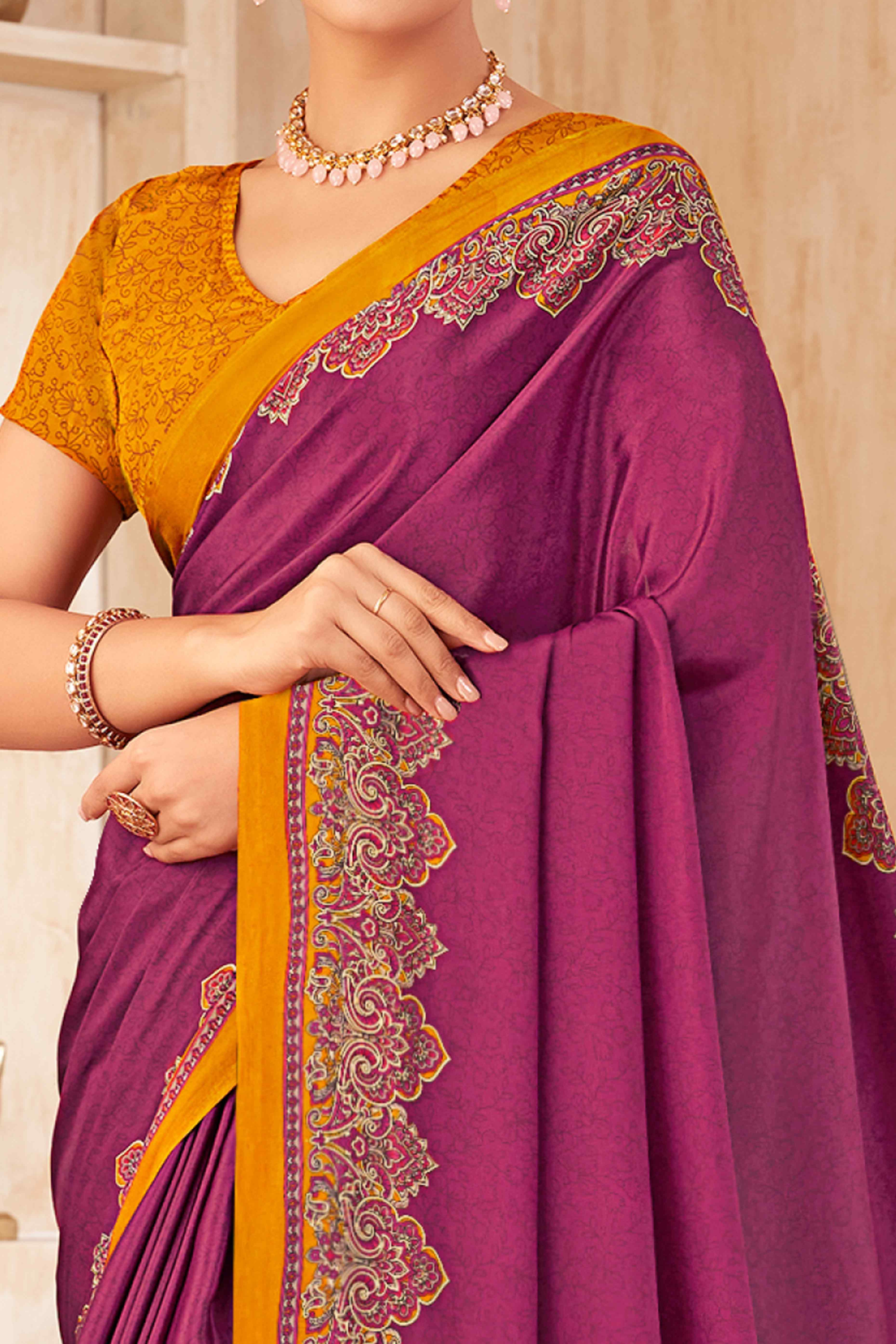 Purple Floral Printed Crepe Silk Saree
