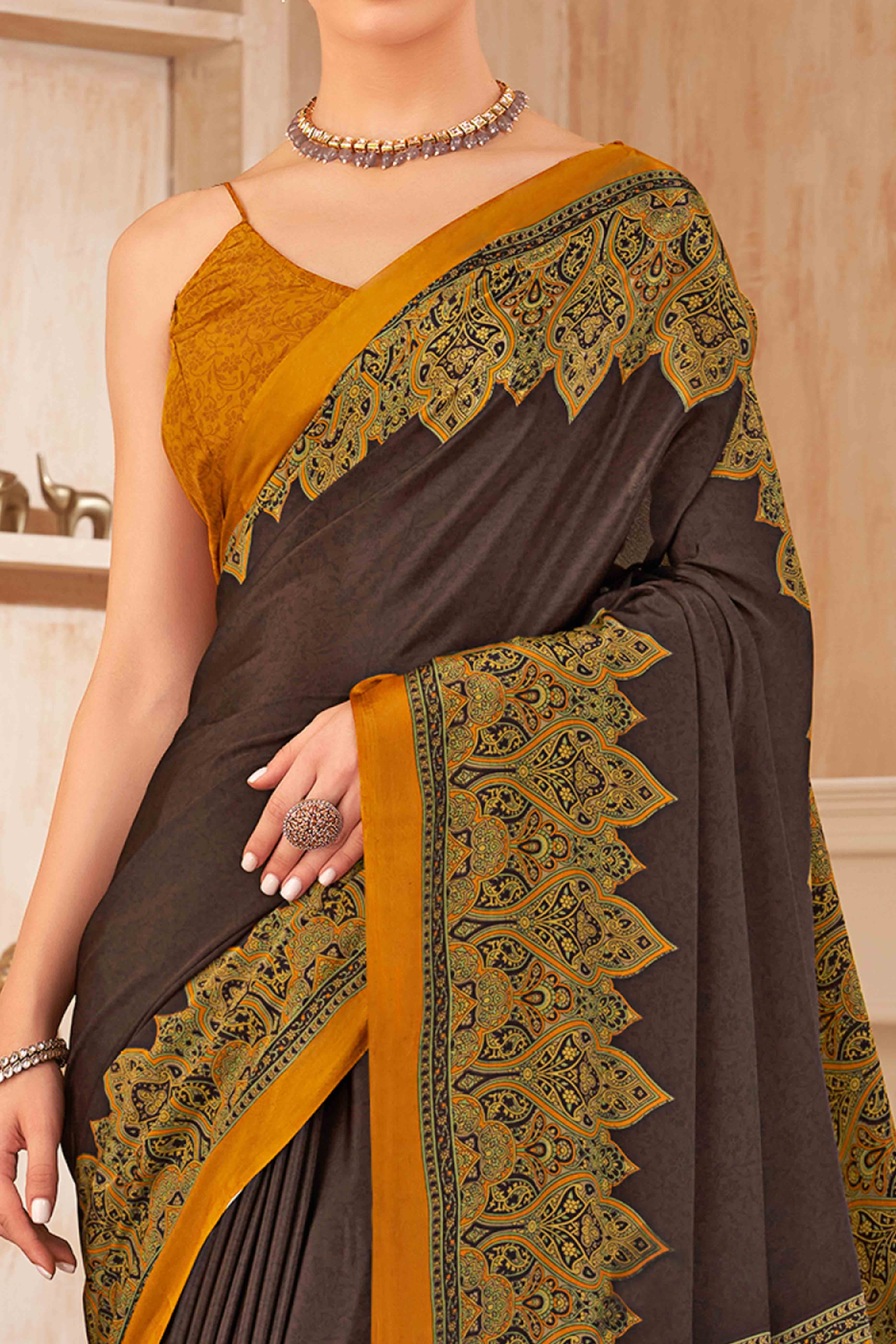 Brown Floral Printed Crepe Silk Saree