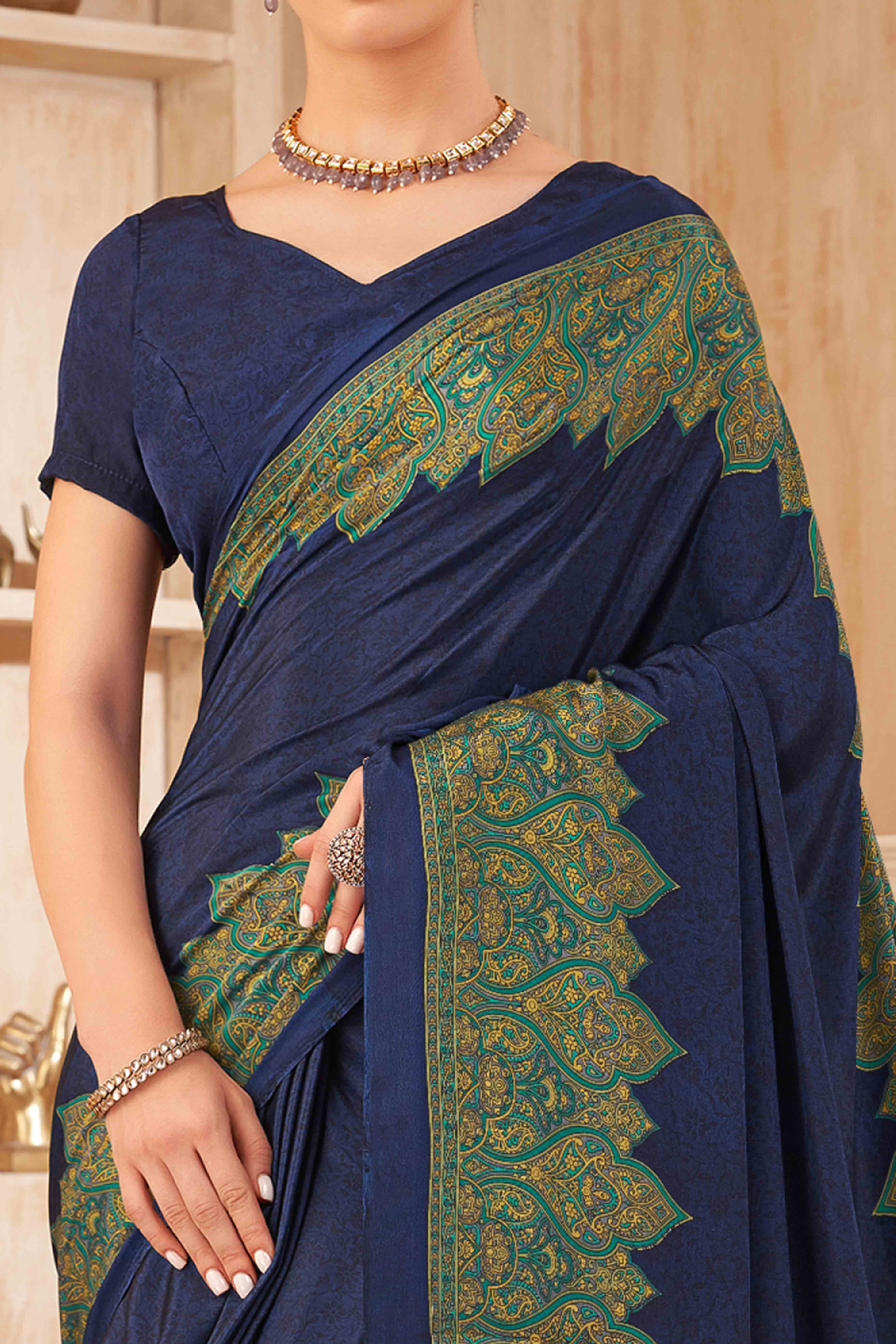 Navy Blue Floral Printed Crepe Silk Saree