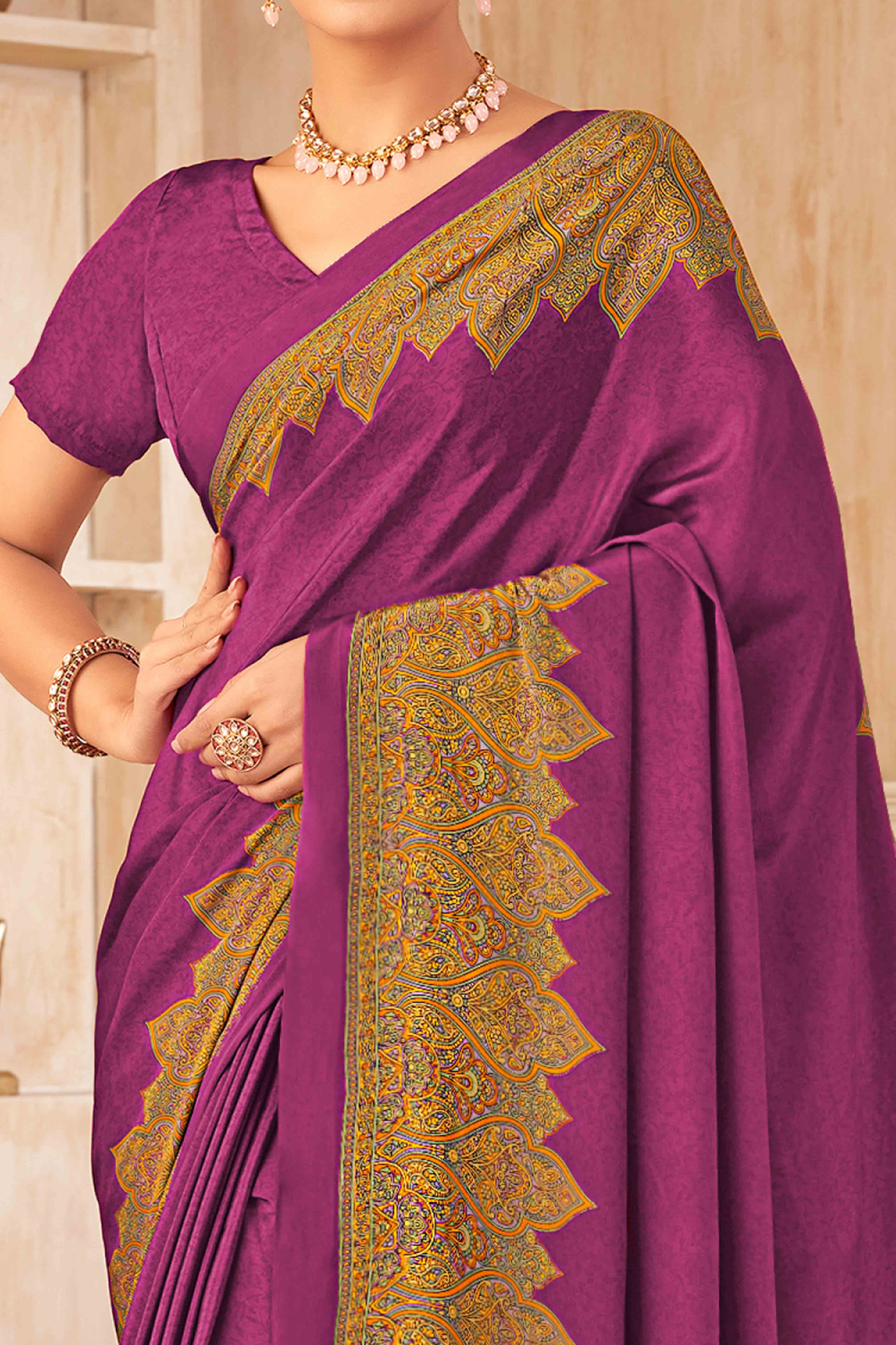 Purple Floral Printed Crepe Silk Saree