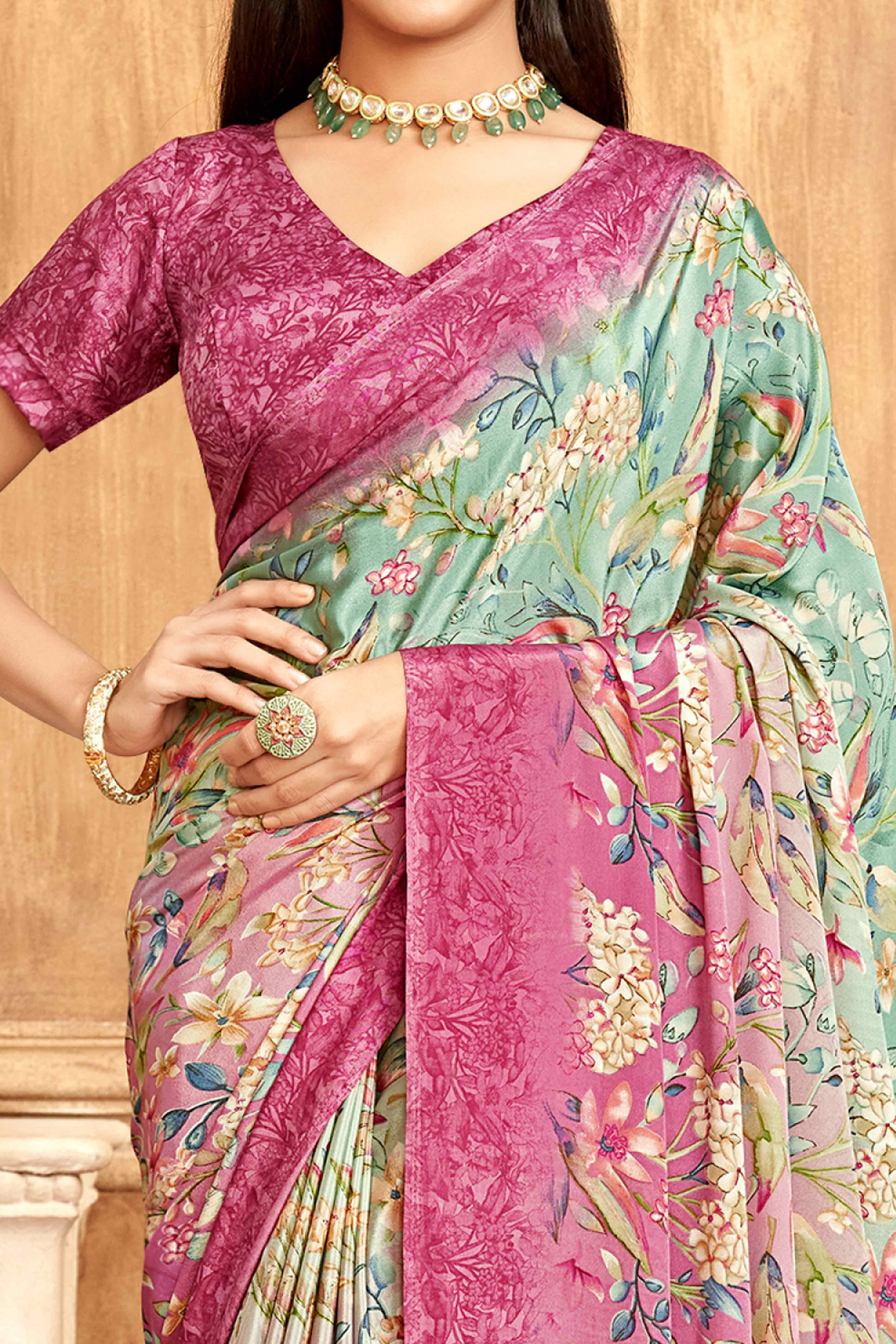 Pink Floral Printed Crepe Silk Saree