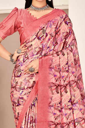 Salmon Pink Silk Crepe Saree With Artistic Geometric Printed Work