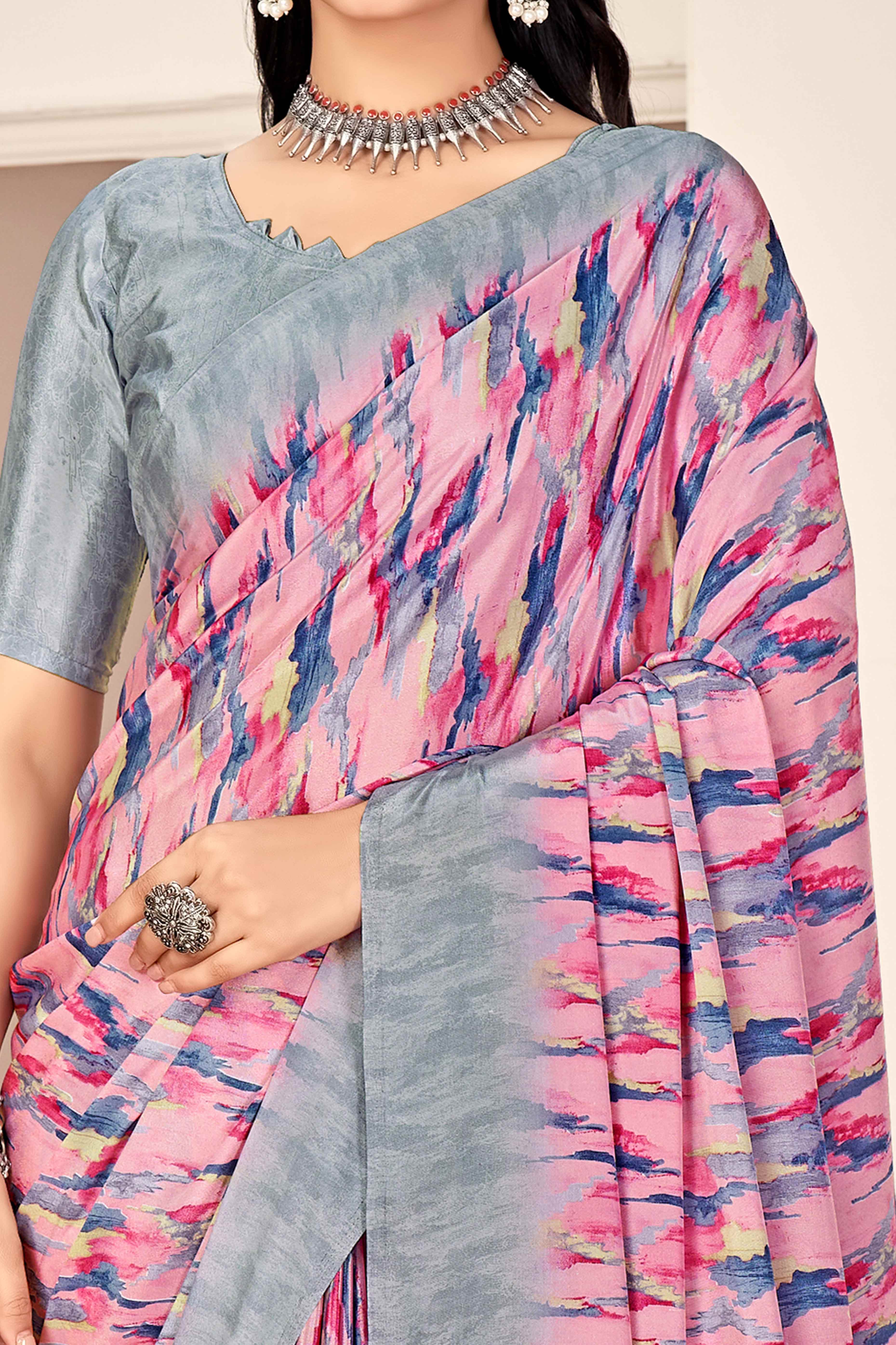 Pink & Grey Silk Crepe Saree With Artistic Abstract Printed Work