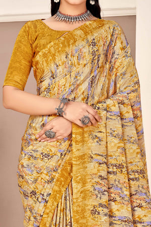 Mustard Silk Crepe Saree With Artistic Abstract Printed Work