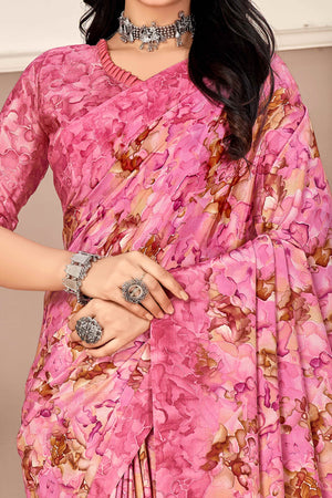 Pink Silk Crepe Saree With Artistic Abstract Printed Work