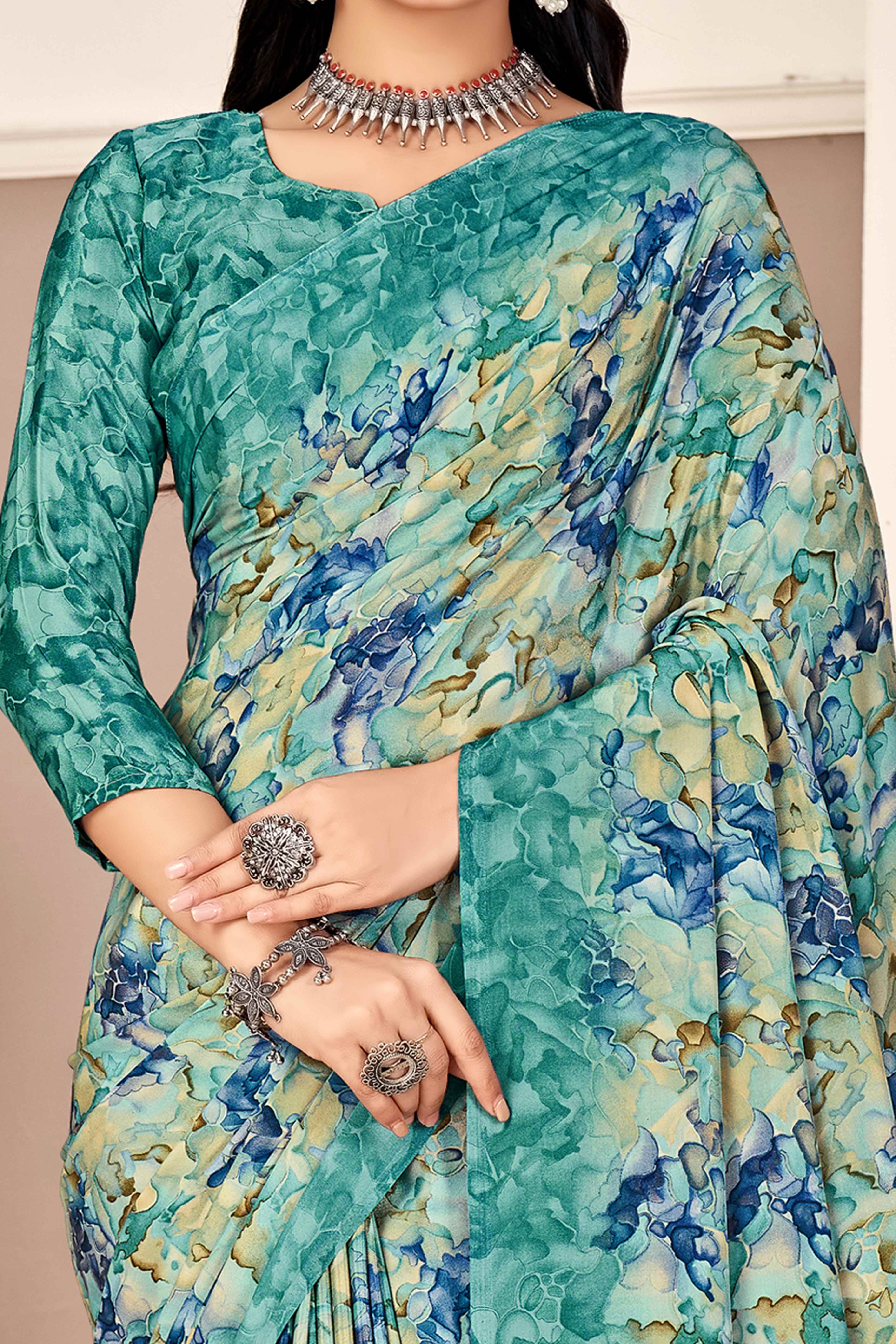 Teal Silk Crepe Saree With Artistic Abstract Printed Work