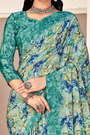 Teal Silk Crepe Saree With Artistic Abstract Printed Work