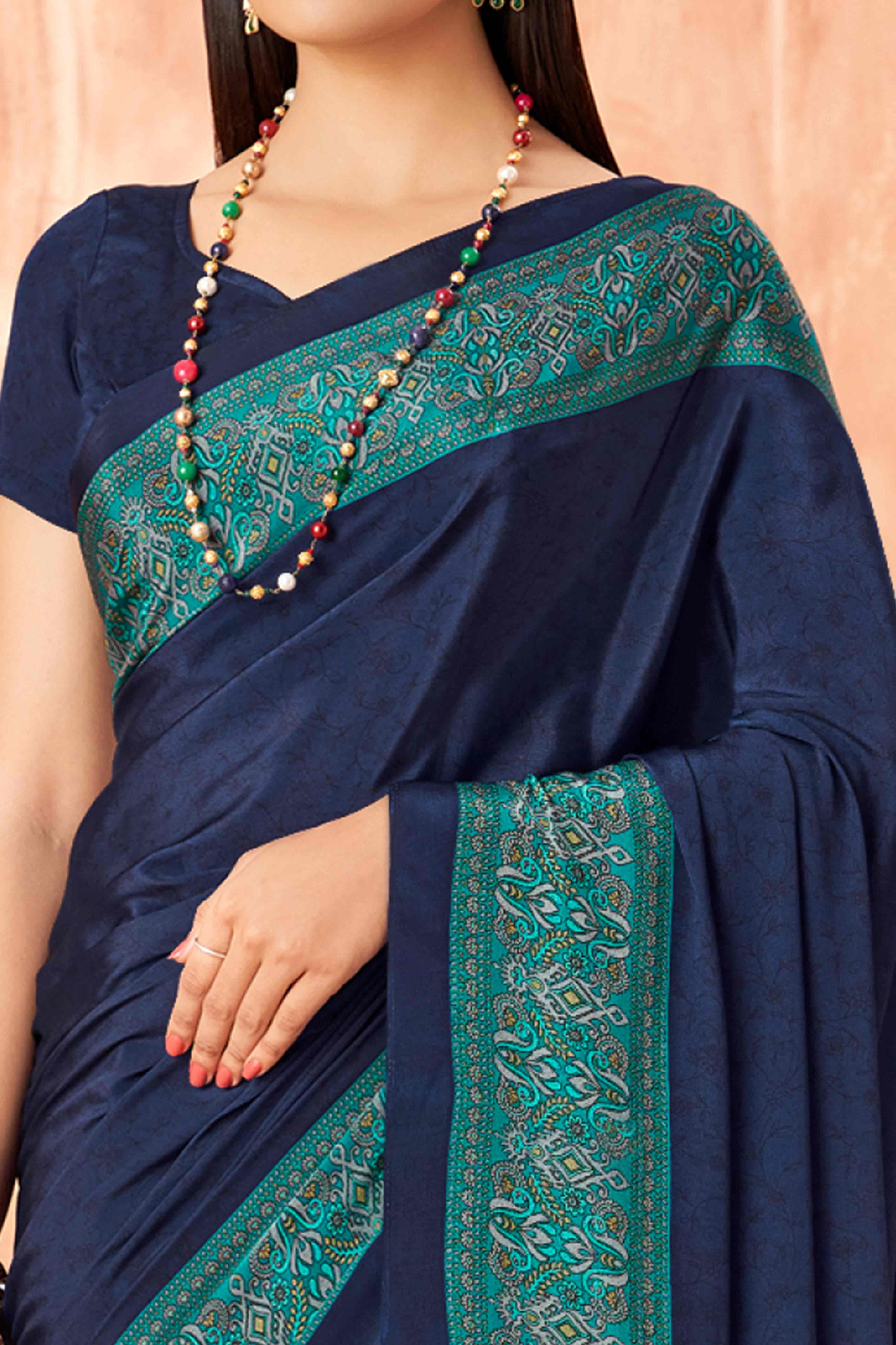 Navy Blue Crepe Silk Saree with Elegant Floral Print Detailing