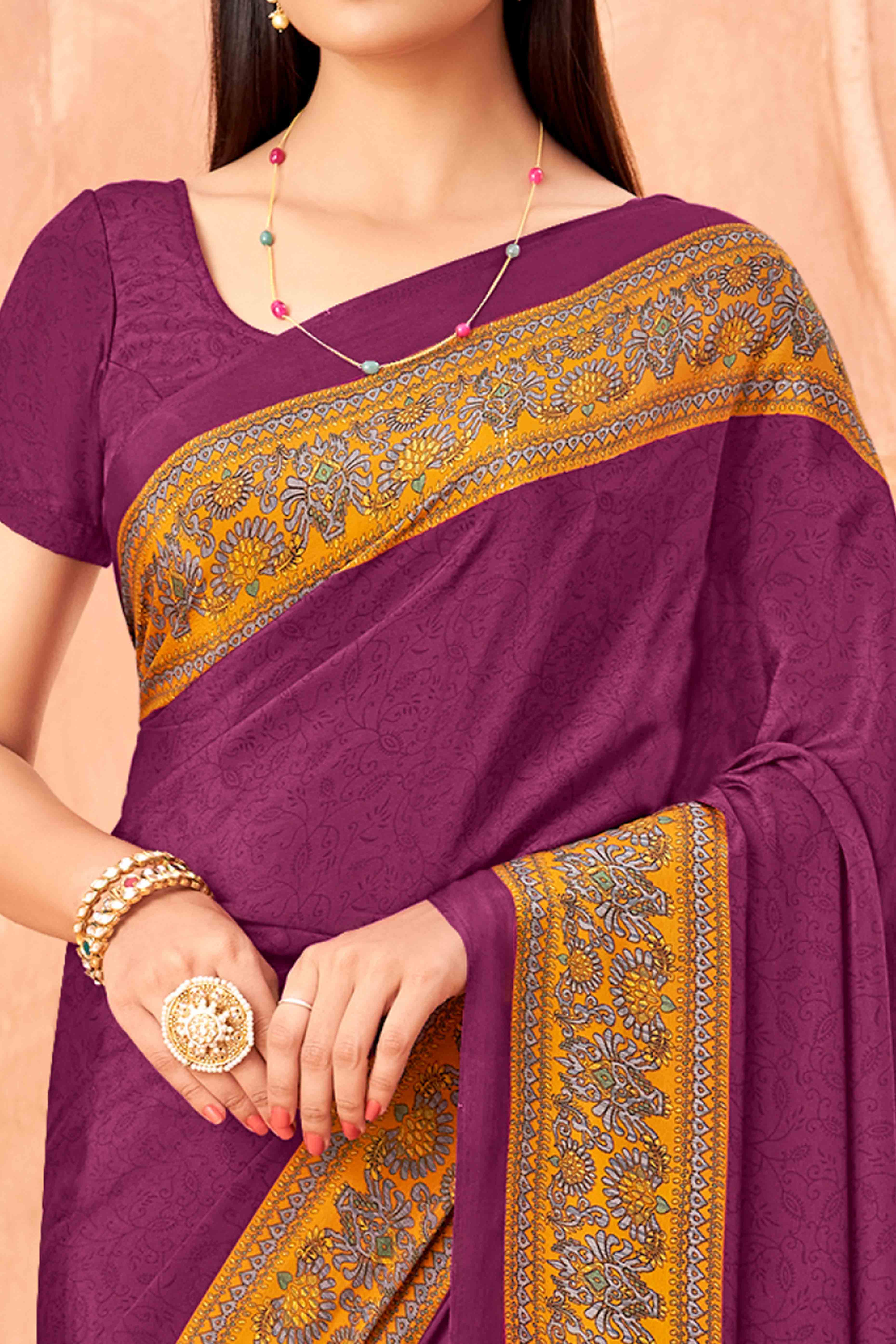 Dark Magenta Crepe Silk Saree with Elegant Floral Print Detailing