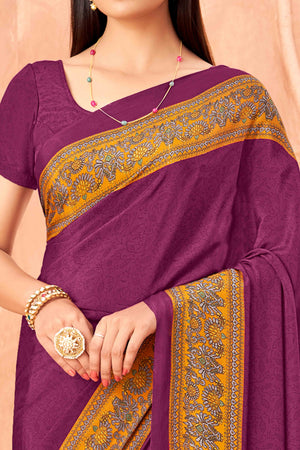 Dark Magenta Crepe Silk Saree with Elegant Floral Print Detailing