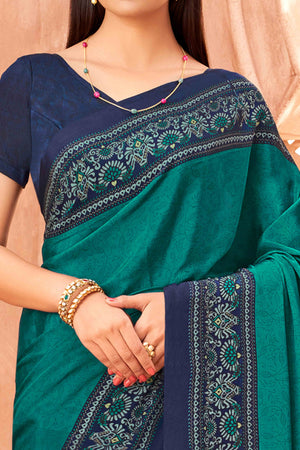 Teal Crepe Silk Saree with Elegant Floral Print Detailing