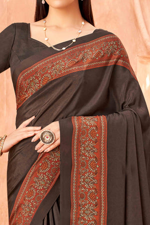 Brown Crepe Silk Saree with Elegant Floral Print Detailing