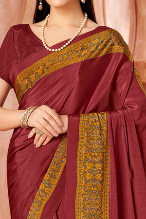 Maroon Crepe Silk Saree with Elegant Floral Print Detailing