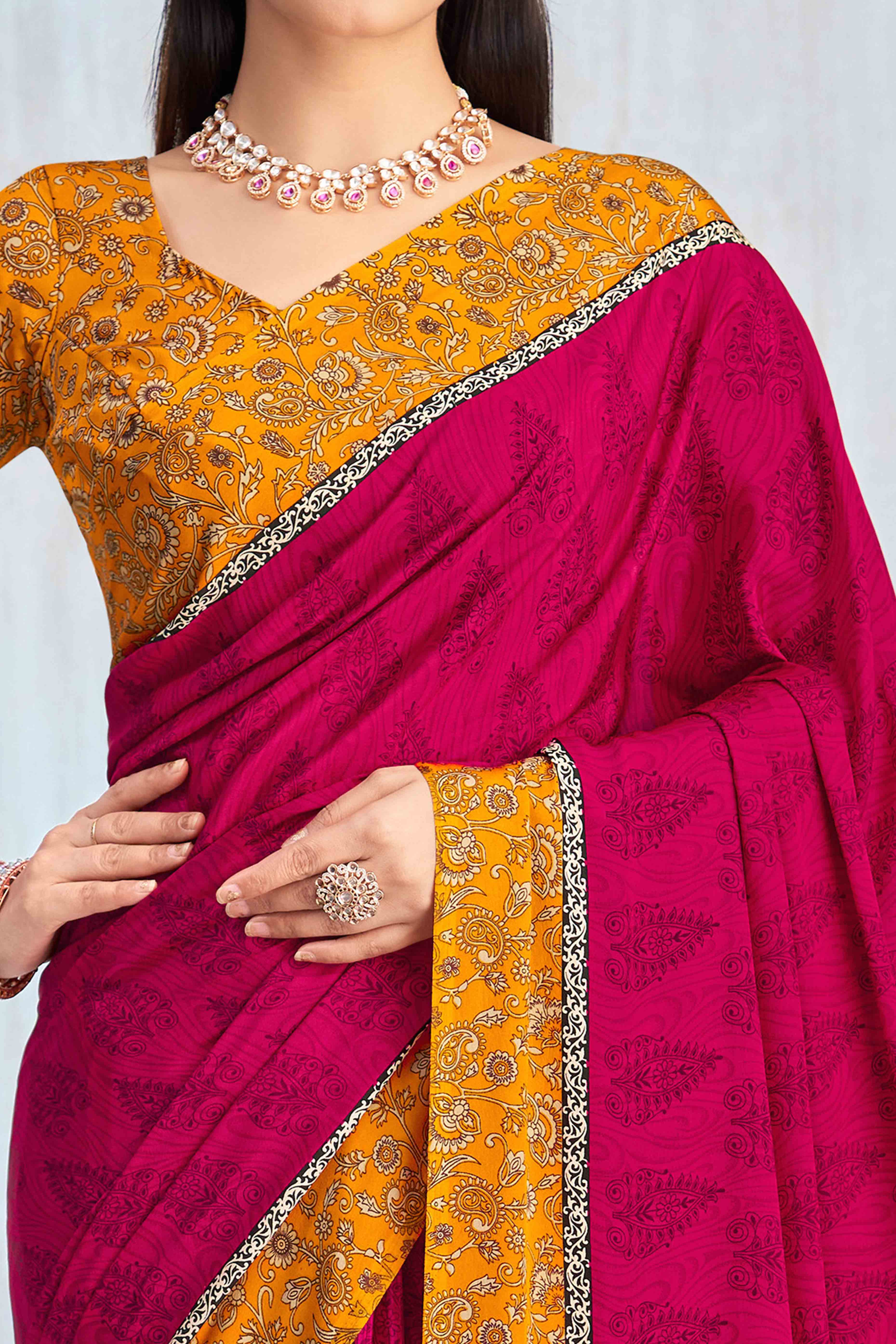 Pink Crepe Silk Saree Featuring Delicate Floral Print Work