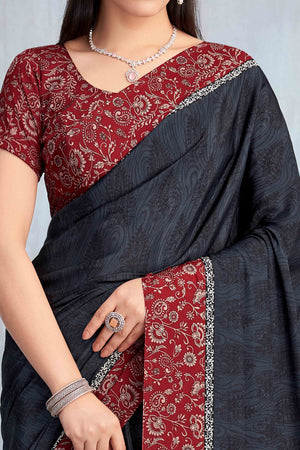 Dark Grey Crepe Silk Saree Featuring Delicate Floral Print Work