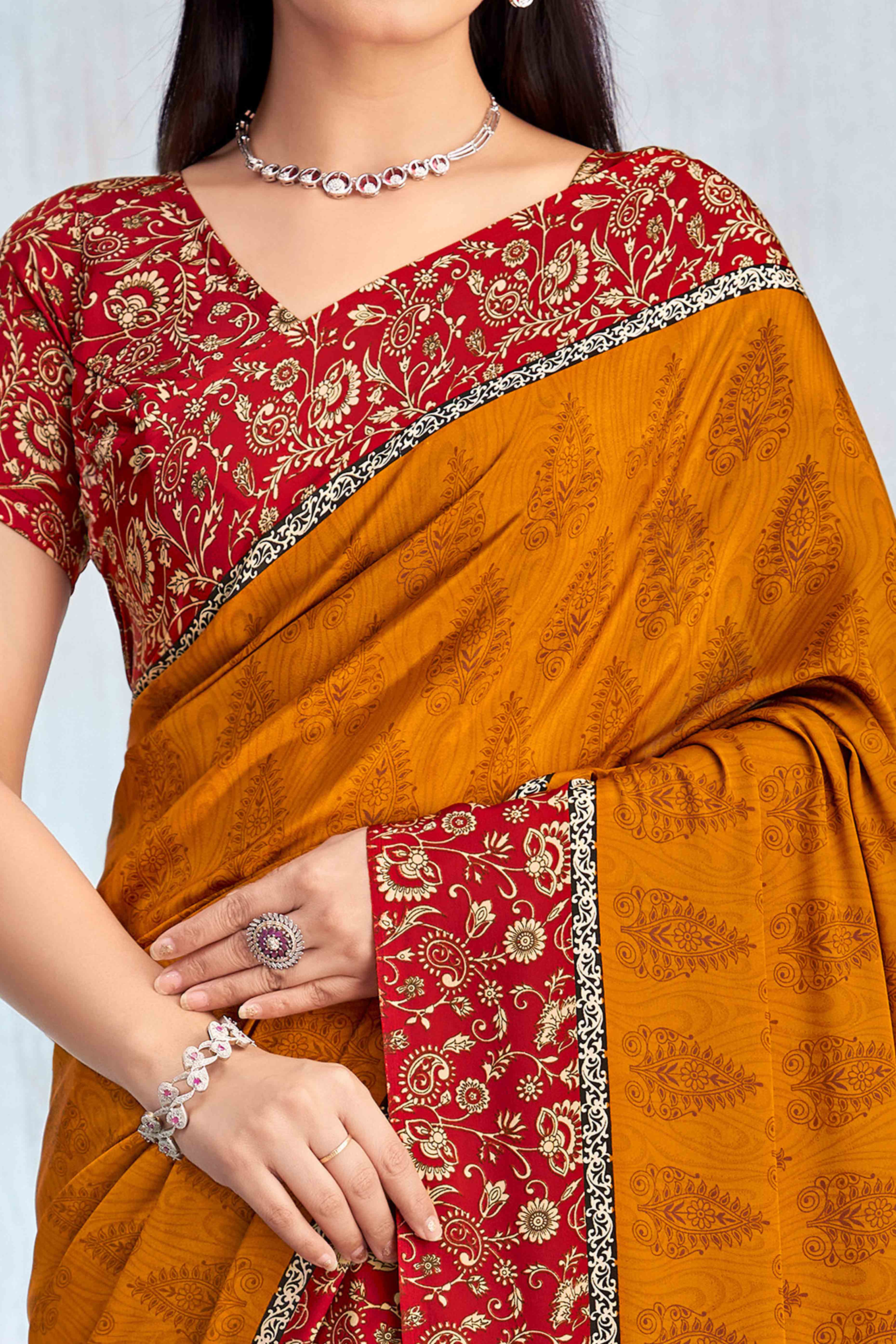 Mustard Crepe Silk Saree Featuring Delicate Floral Print Work