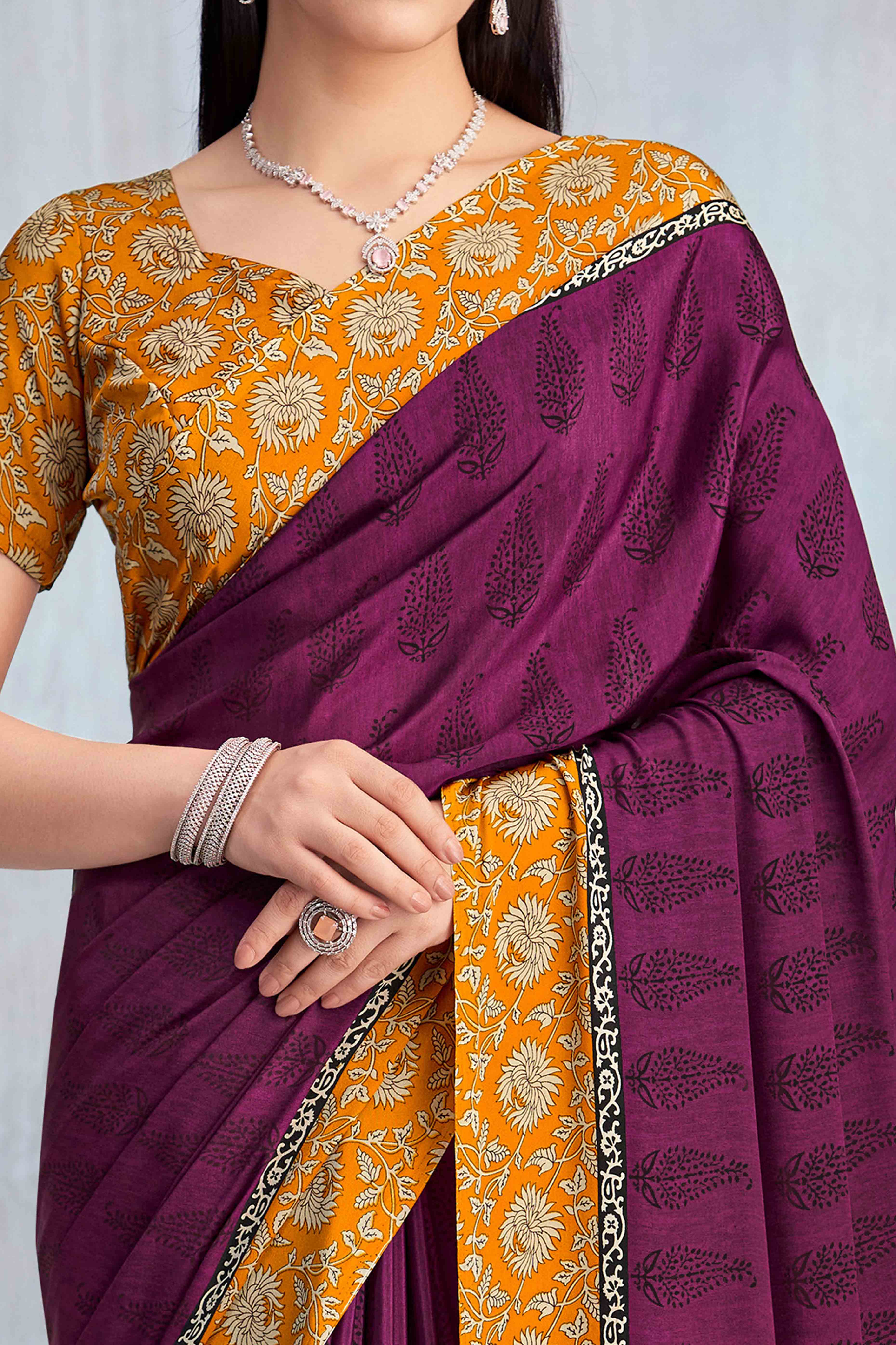 Dark Magenta Crepe Silk Saree Featuring Delicate Floral Print Work