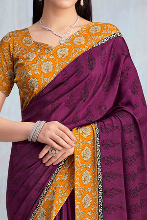 Dark Magenta Crepe Silk Saree Featuring Delicate Floral Print Work