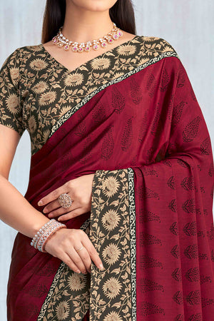 Maroon Crepe Silk Saree Featuring Delicate Floral Print Work