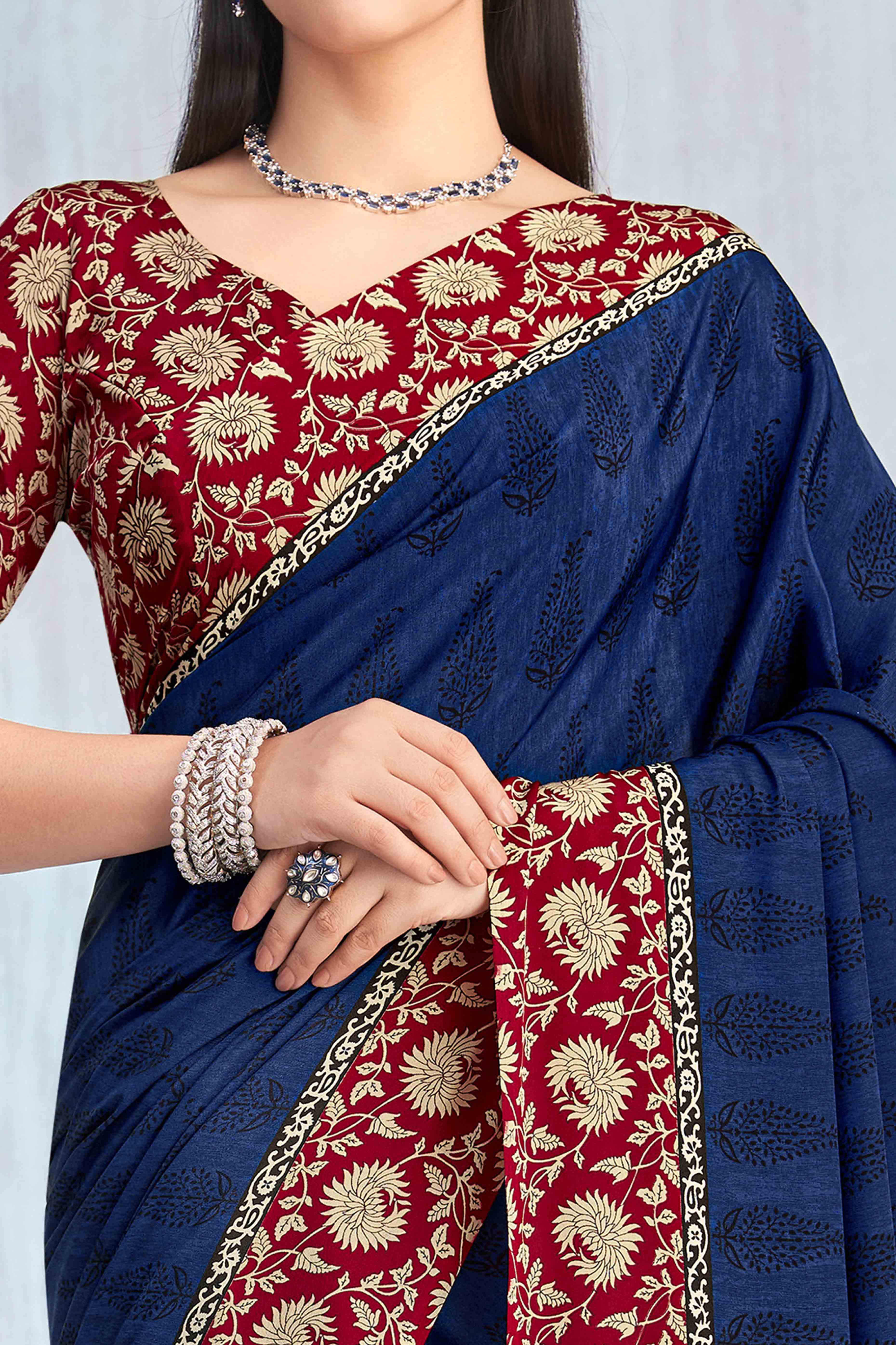 Navy Blue Crepe Silk Saree Featuring Delicate Floral Print Work