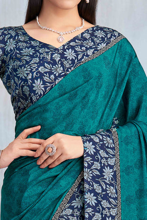 Teal Crepe Silk Saree Featuring Delicate Floral Print Work