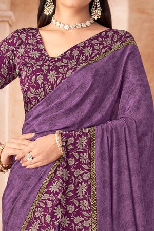 Plum Purple Crepe Silk Saree With Timeless Floral Print Detailing