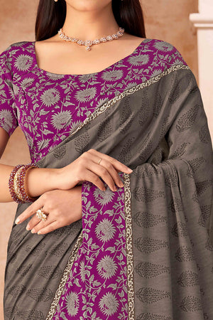Taupe Crepe Silk Saree With Timeless Floral Print Detailing