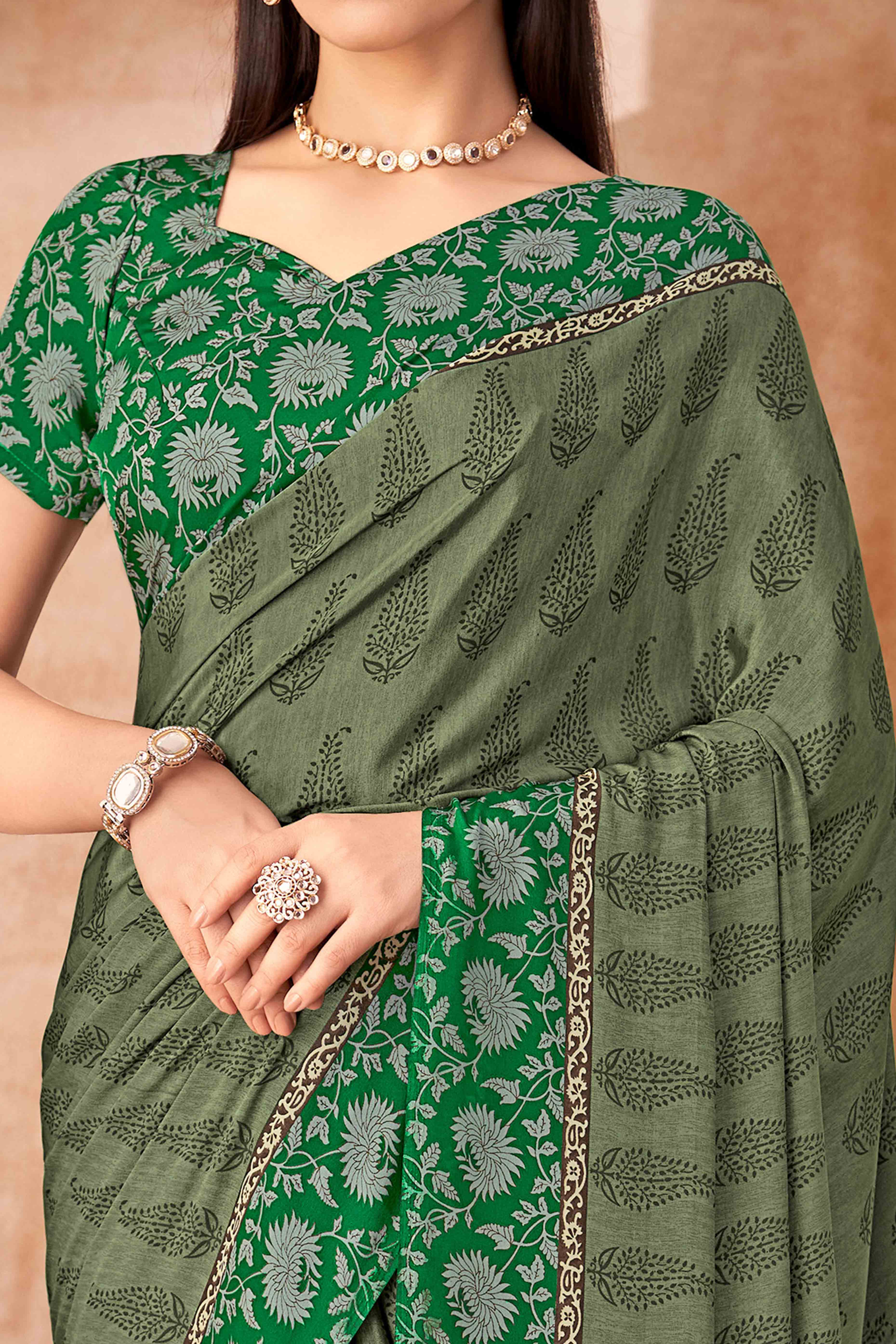 Green Crepe Silk Saree With Timeless Floral Print Detailing