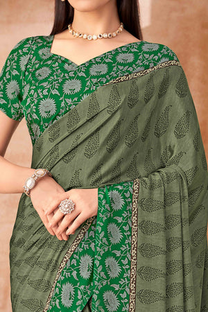 Green Crepe Silk Saree With Timeless Floral Print Detailing