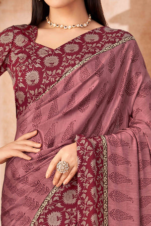 Toasted Mauve Crepe Silk Saree With Timeless Floral Print Detailing