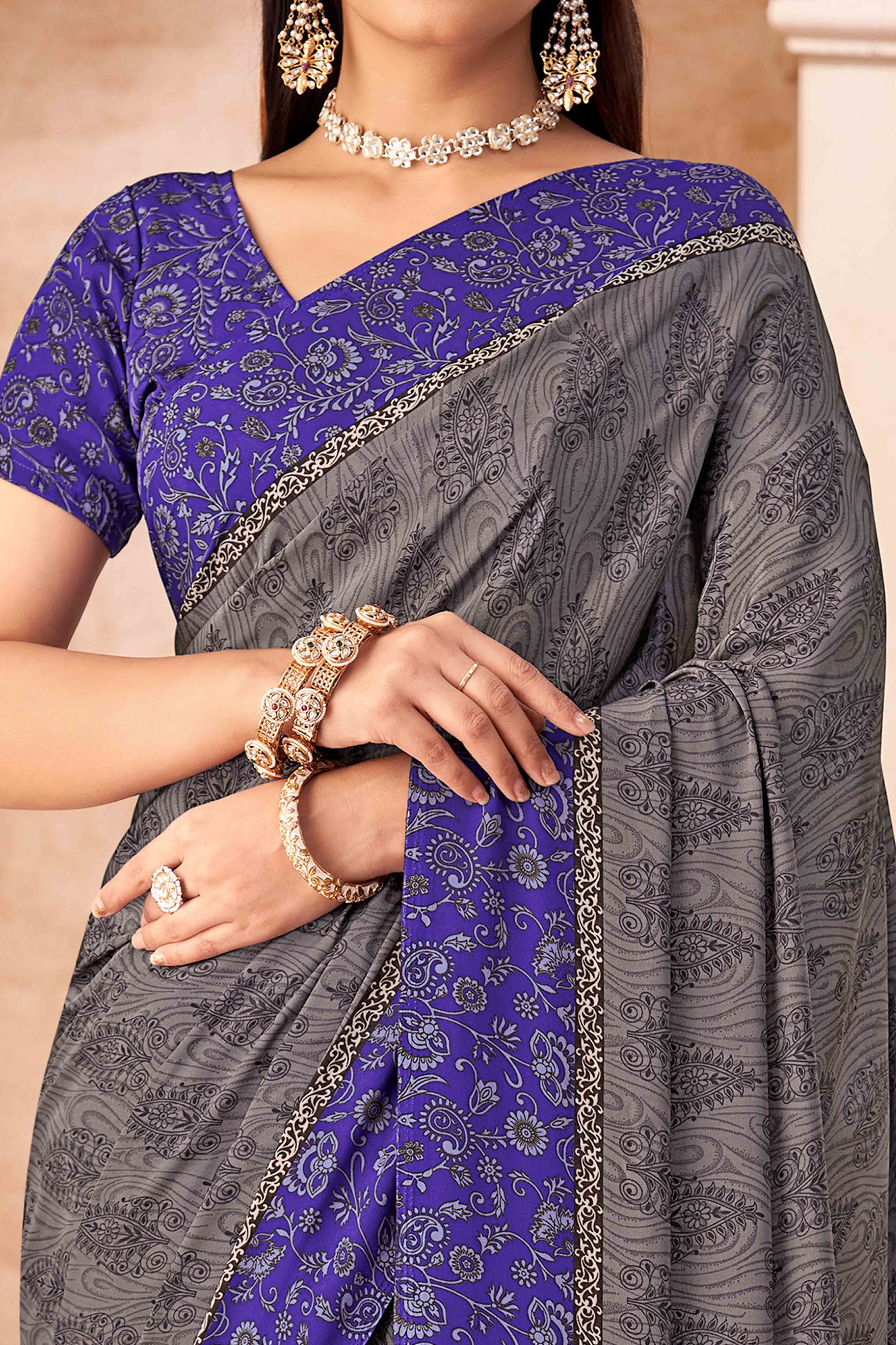 Grey & Purple Crepe Silk Saree With Timeless Floral Print Detailing