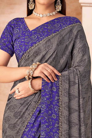 Grey & Purple Crepe Silk Saree With Timeless Floral Print Detailing