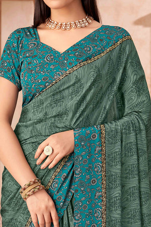 Sage Green & Teal Crepe Silk Saree With Timeless Floral Print Detailing