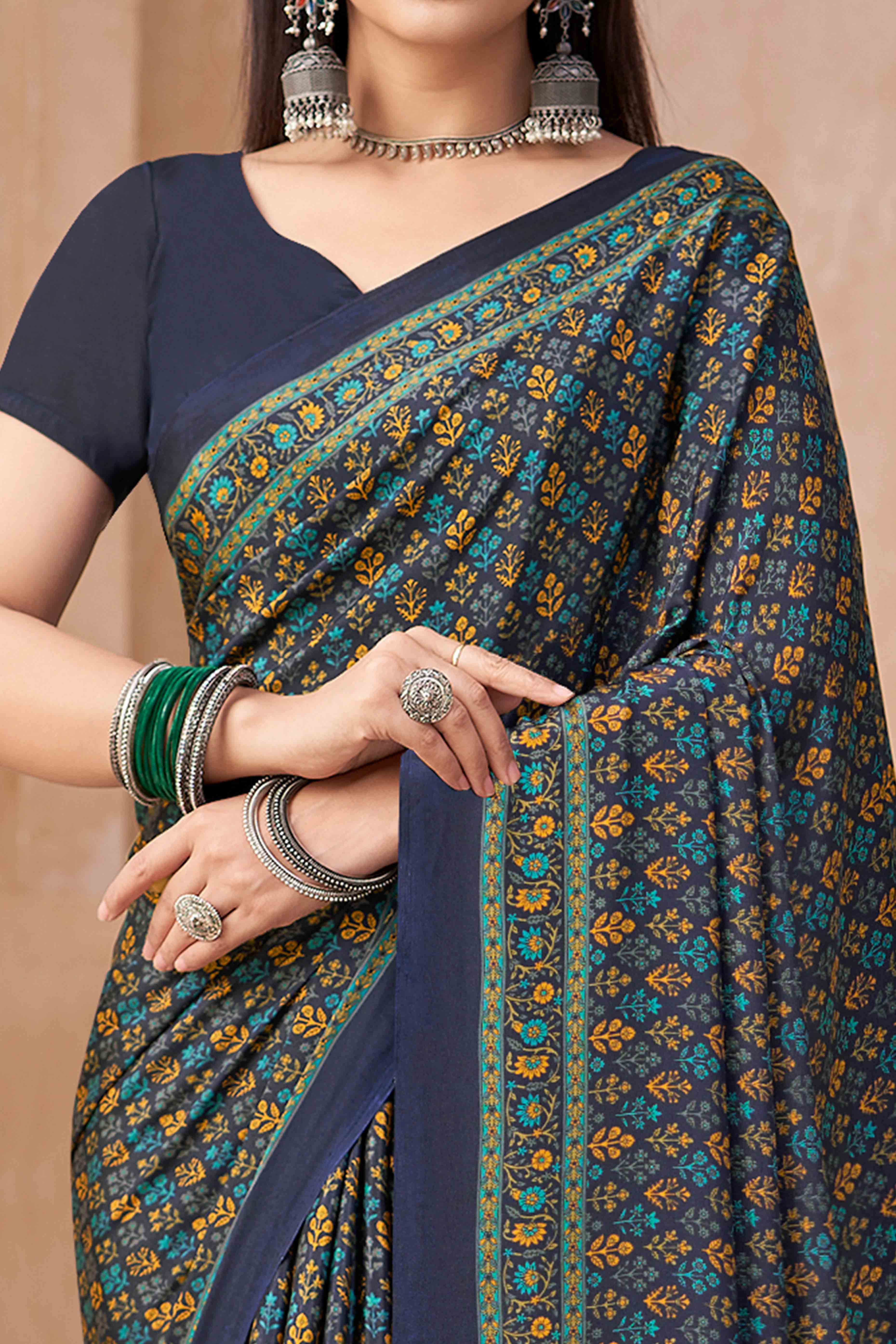 Navy Blue Crepe Silk Saree Featuring Delicate Floral Print Work