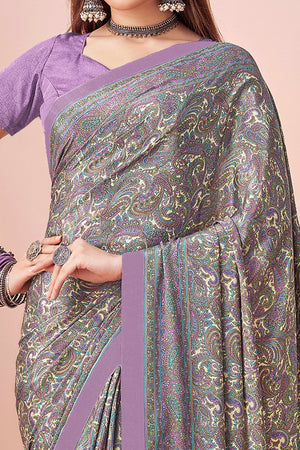 Lavender Crepe Silk Saree Adorned With Artistic Floral Digital Print Work