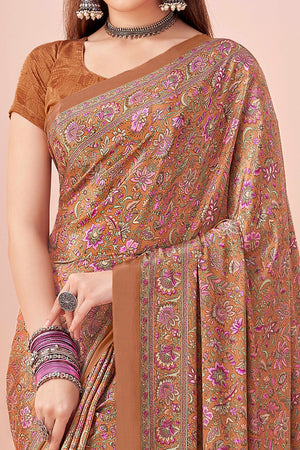 Brown Crepe Silk Saree Adorned With Artistic Floral Digital Print Work