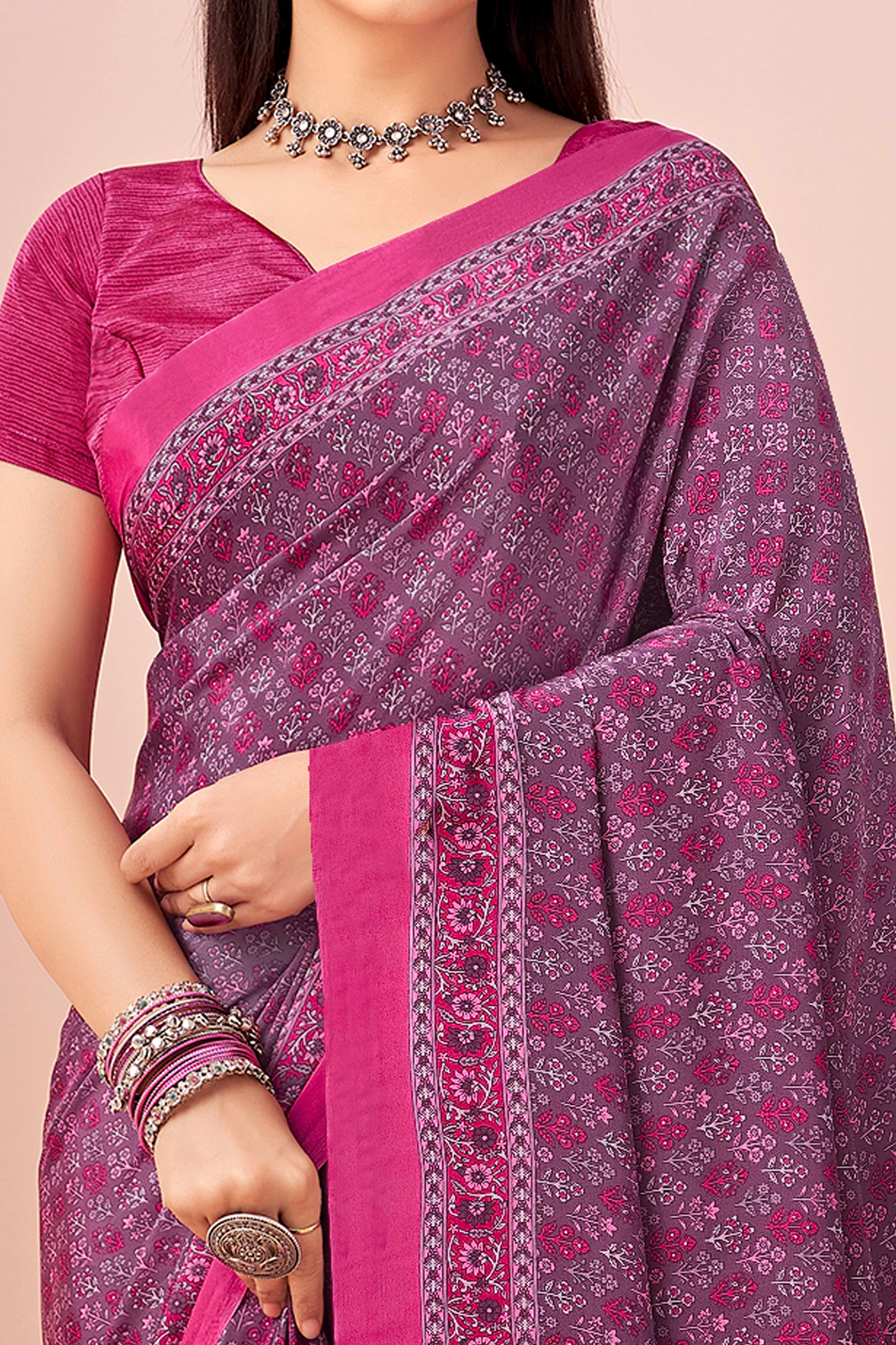 Magenta Crepe Silk Saree Adorned With Artistic Floral Digital Print Work