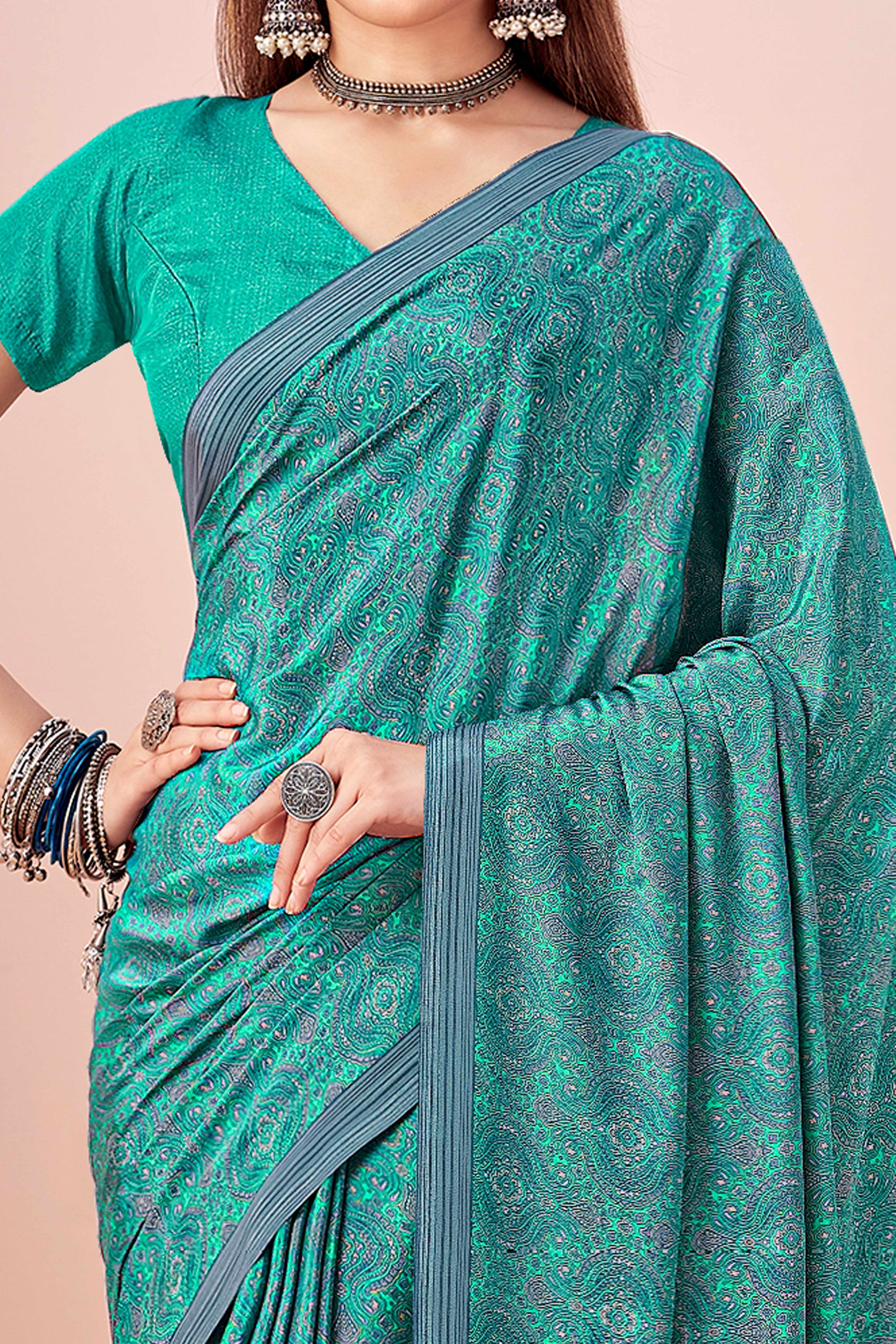 Turquoise Crepe Silk Saree Adorned With Artistic Floral Digital Print Work