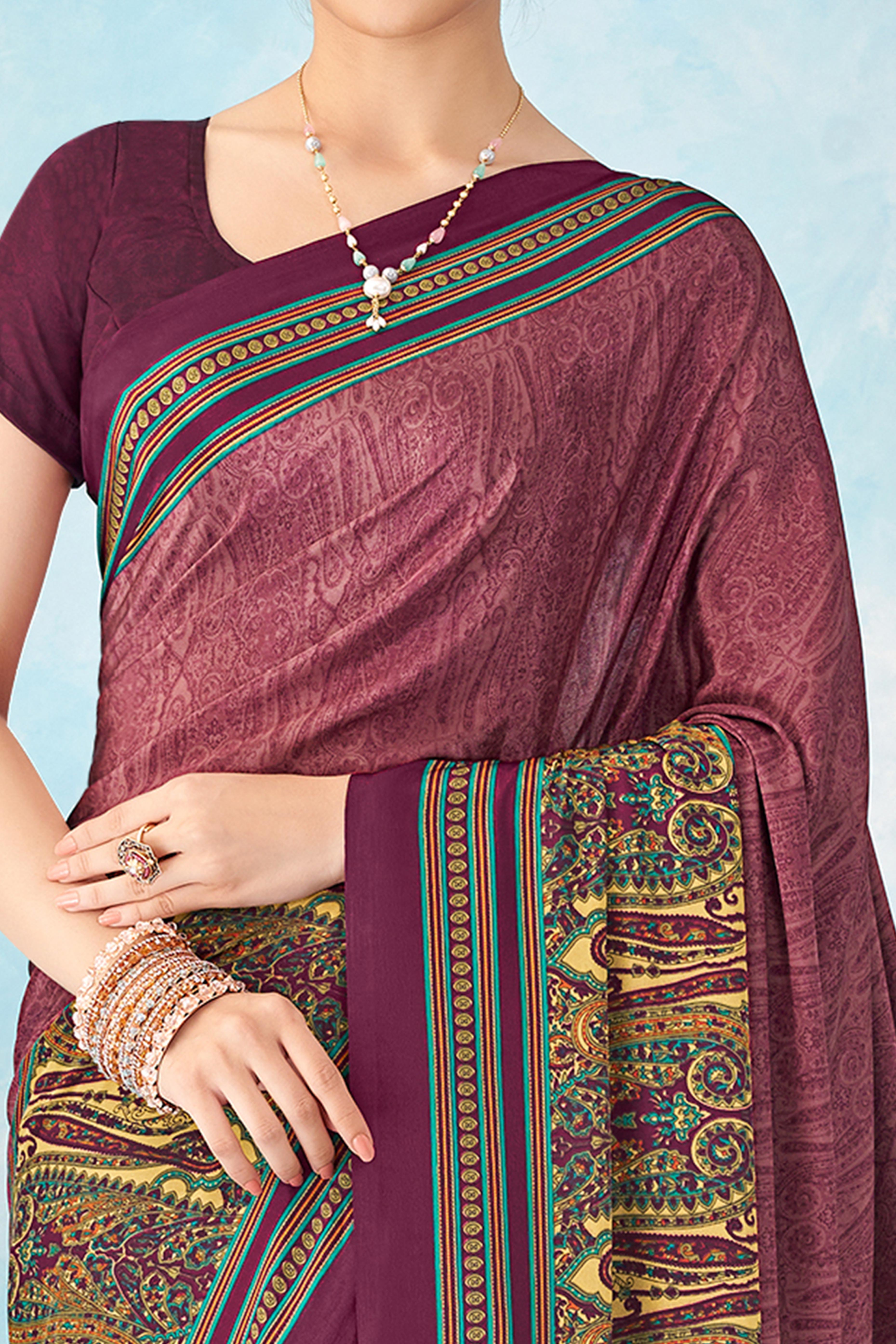 Lightweight Mauve Paisley Printed Saree in Luxurious Silk Crepe